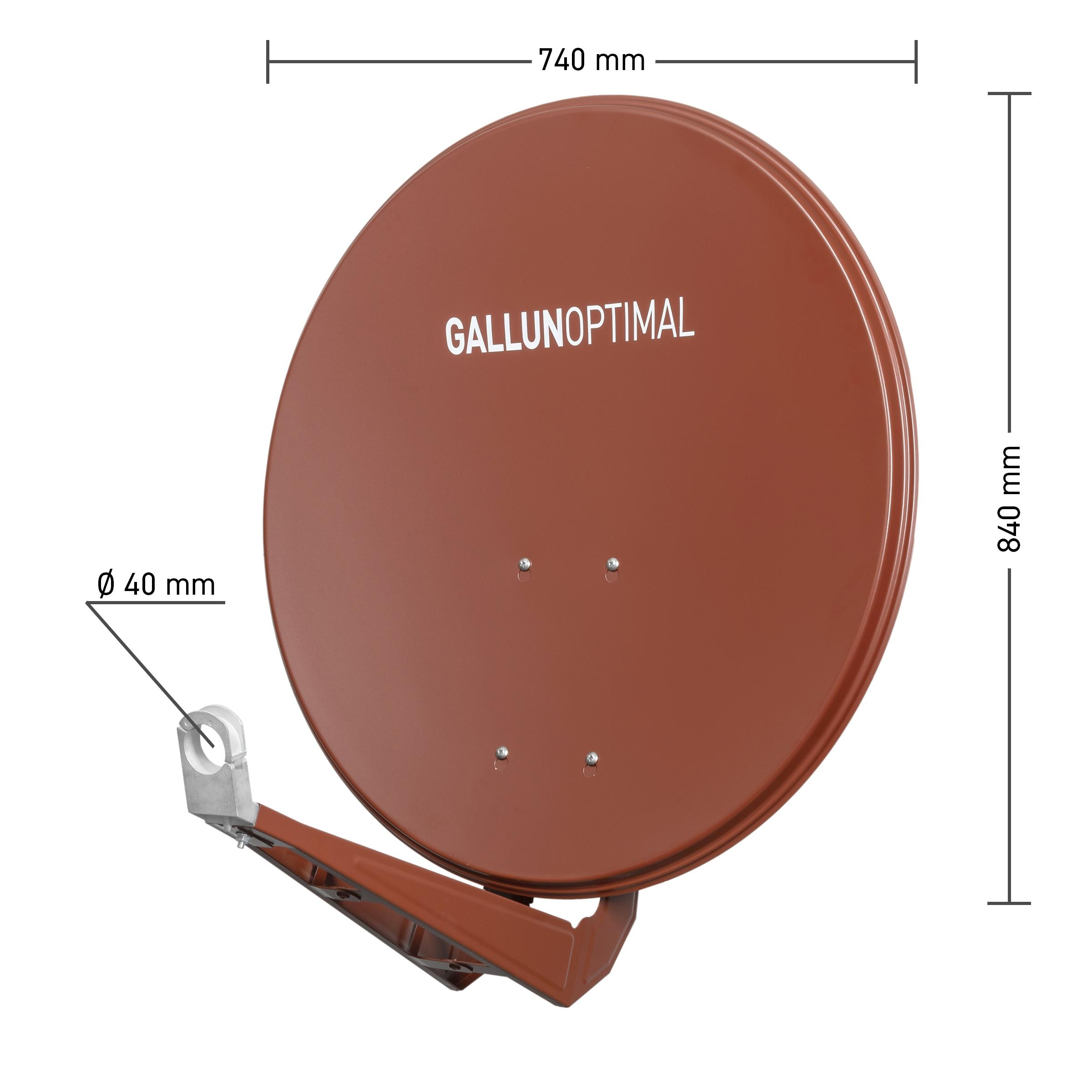 Braune Satellitenschüssel mit Maßangaben. Der Markenname steht auf der Schüssel.