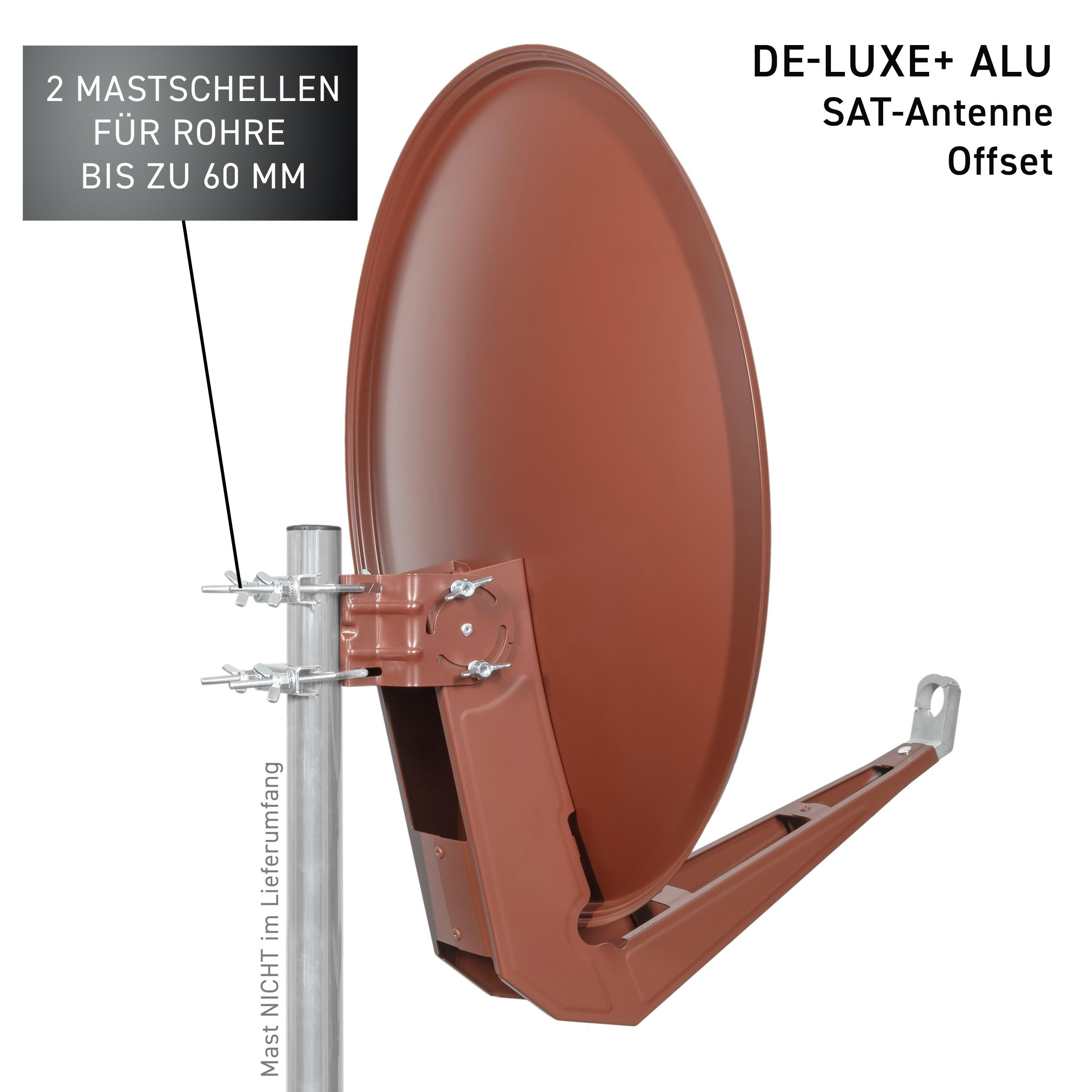 Braune Satellitenschüssel an Mast befestigt. Text- und Größenangaben sind sichtbar.