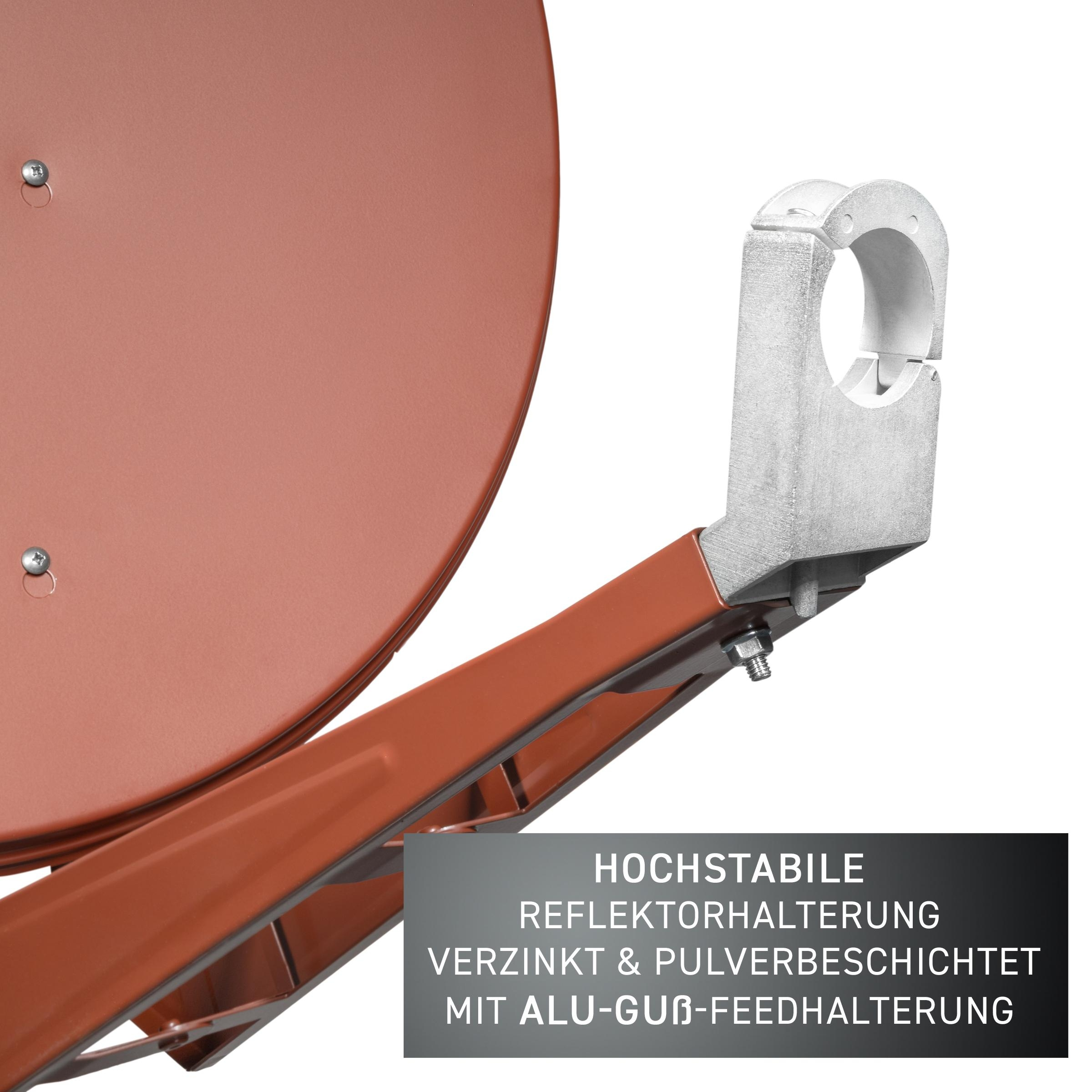 Braune Satellitenschüssel mit silbernem Haltearm und Text: Hochstabile Reflektorhalterung.