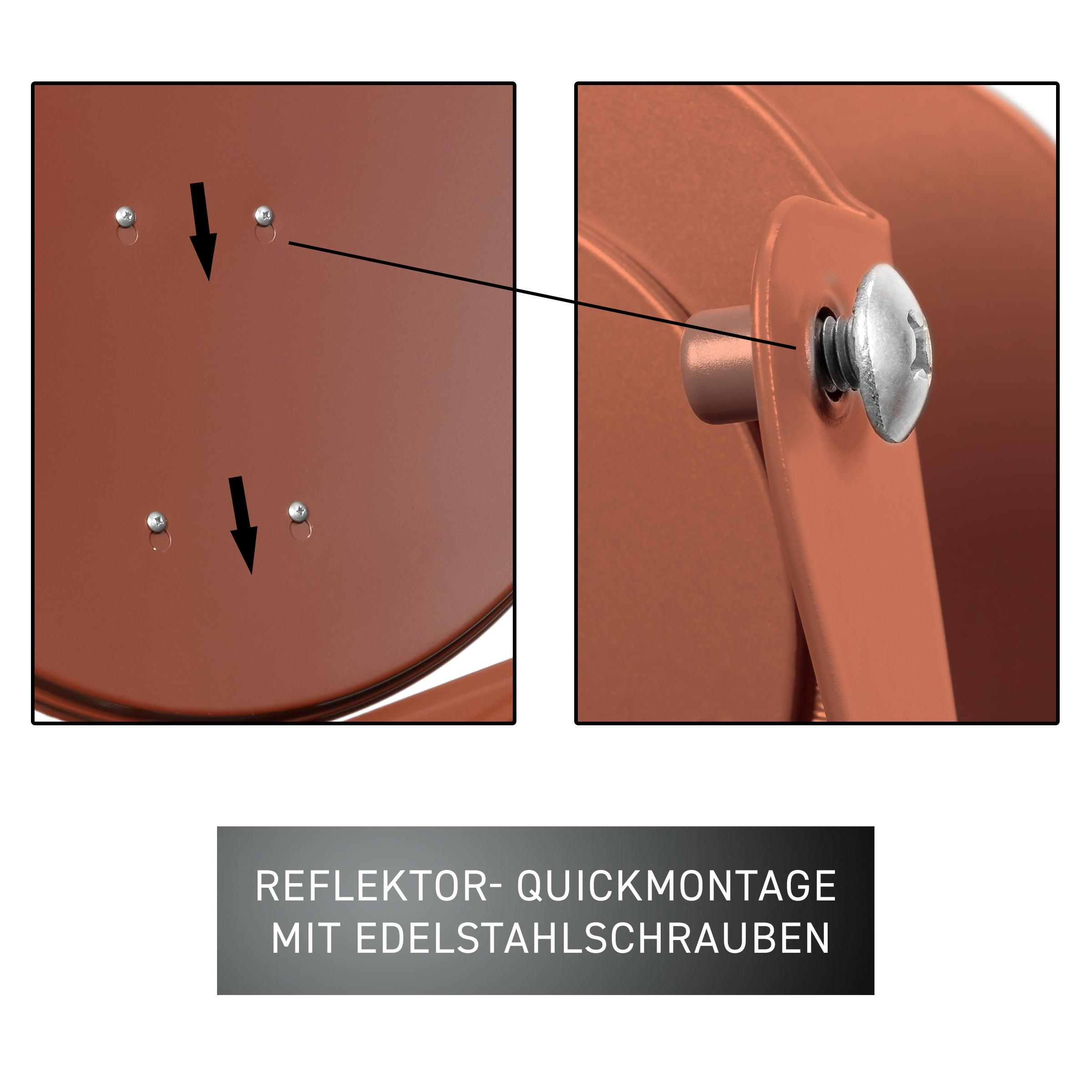 Nahaufnahme eines Metallobjekts. Zwei Pfeile zeigen auf Schrauben. Text: Schnellmontage mit Edelstahlschrauben.