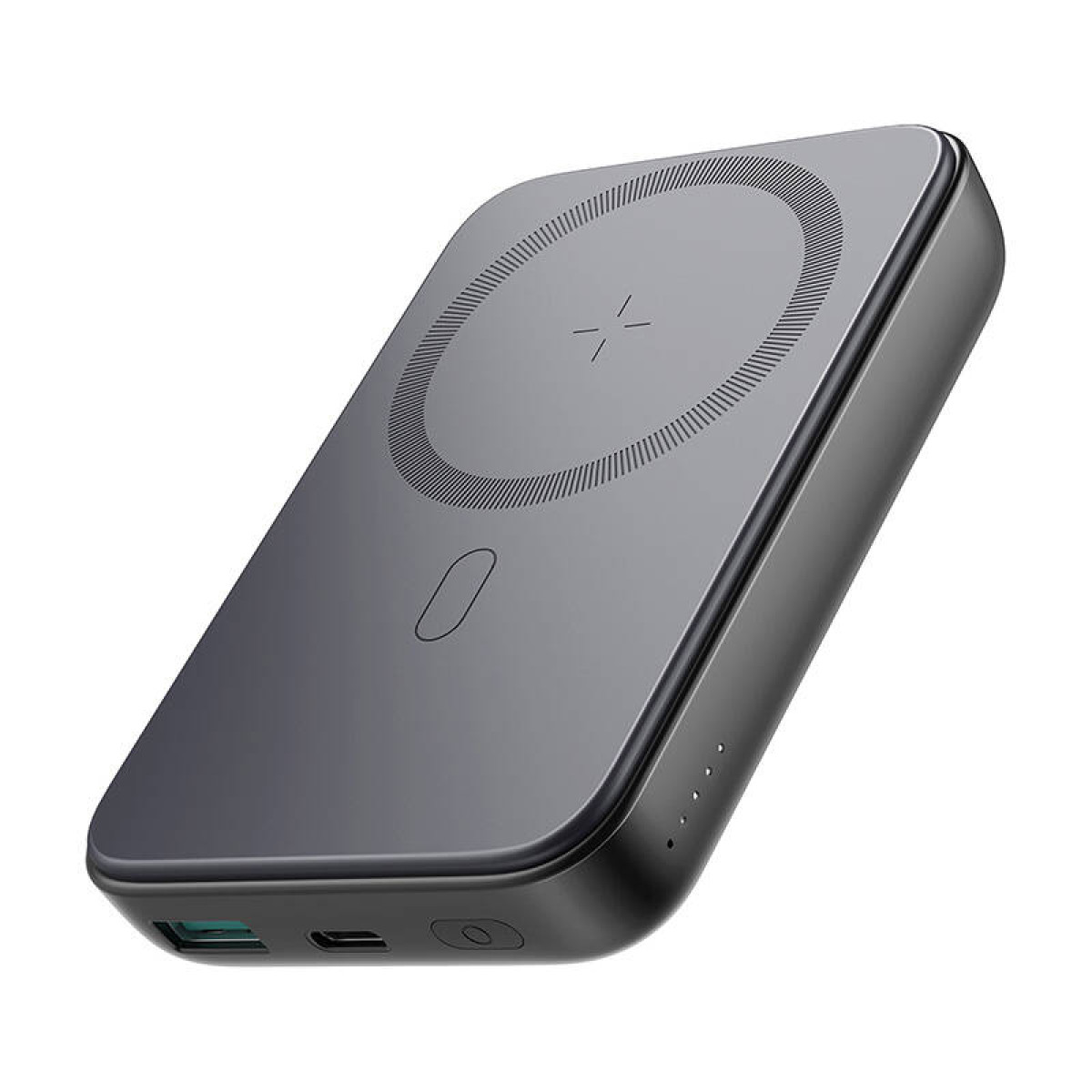 Dunkelgraue Powerbank mit kreisförmigem Ladebereich und mehreren Anschlüssen.