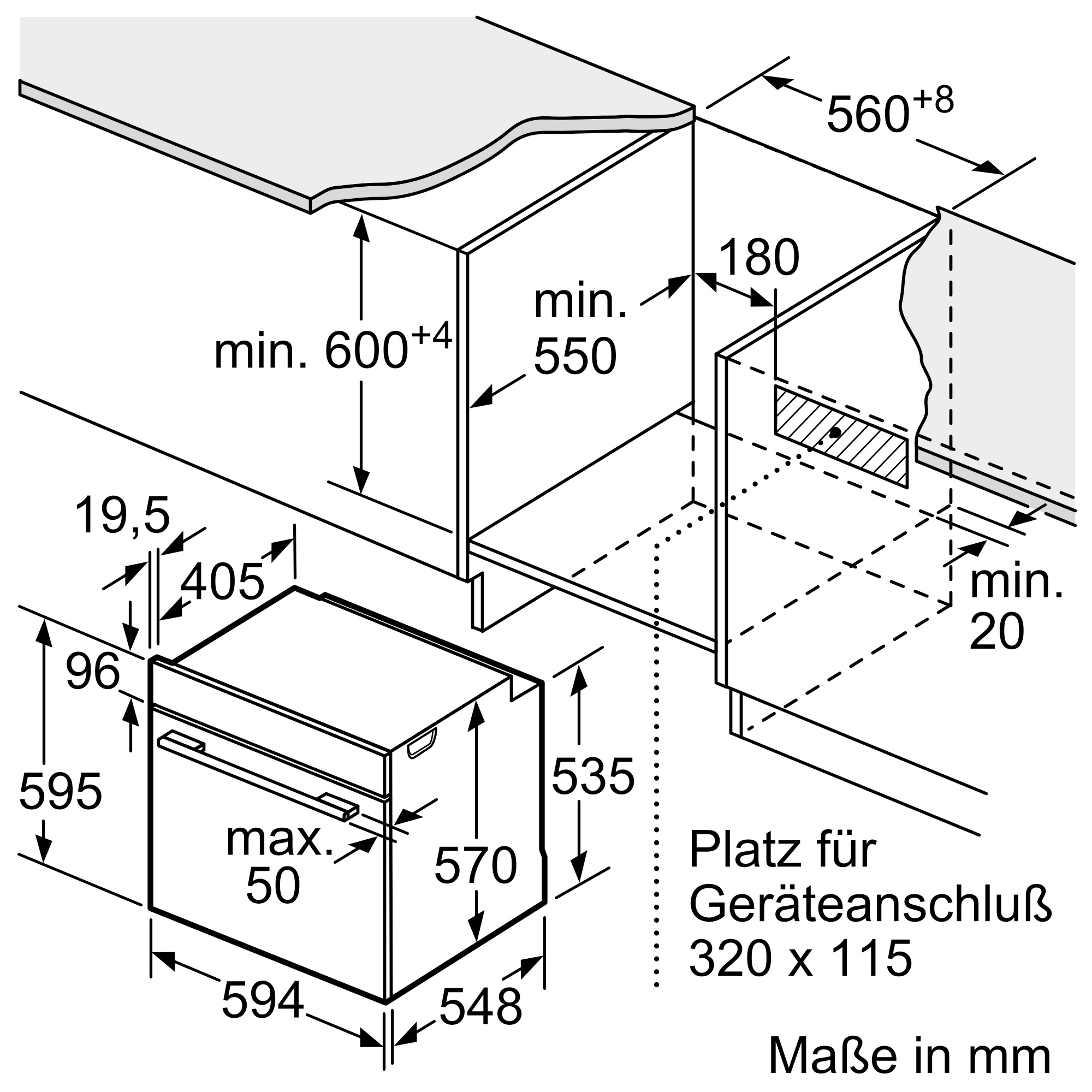 Technische Zeichnung eines Einbauofens. Sie zeigt Abmessungen und Installationsdetails.