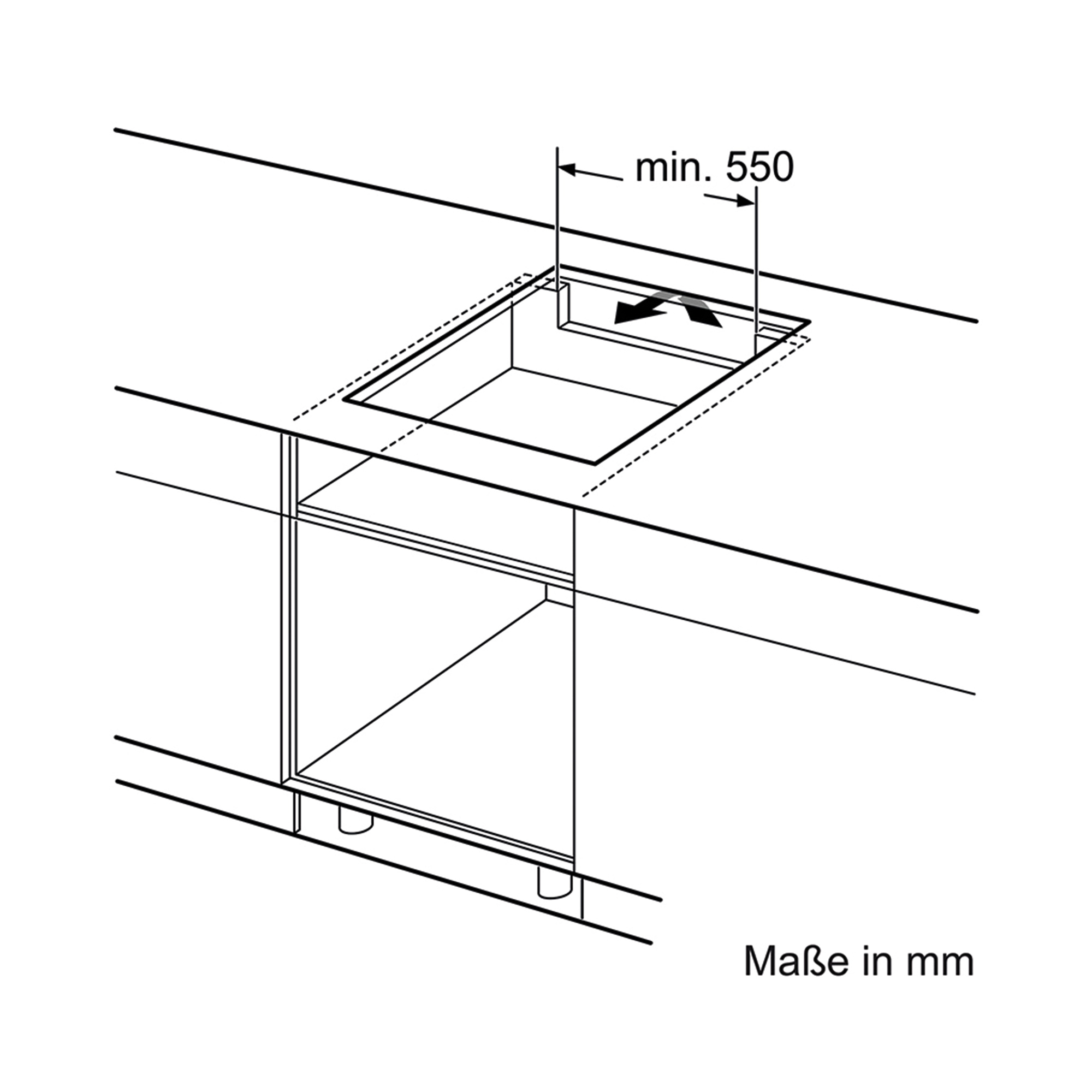 Diagramm eines Kochfeld-Ausschnitts mit Abmessungen in mm.