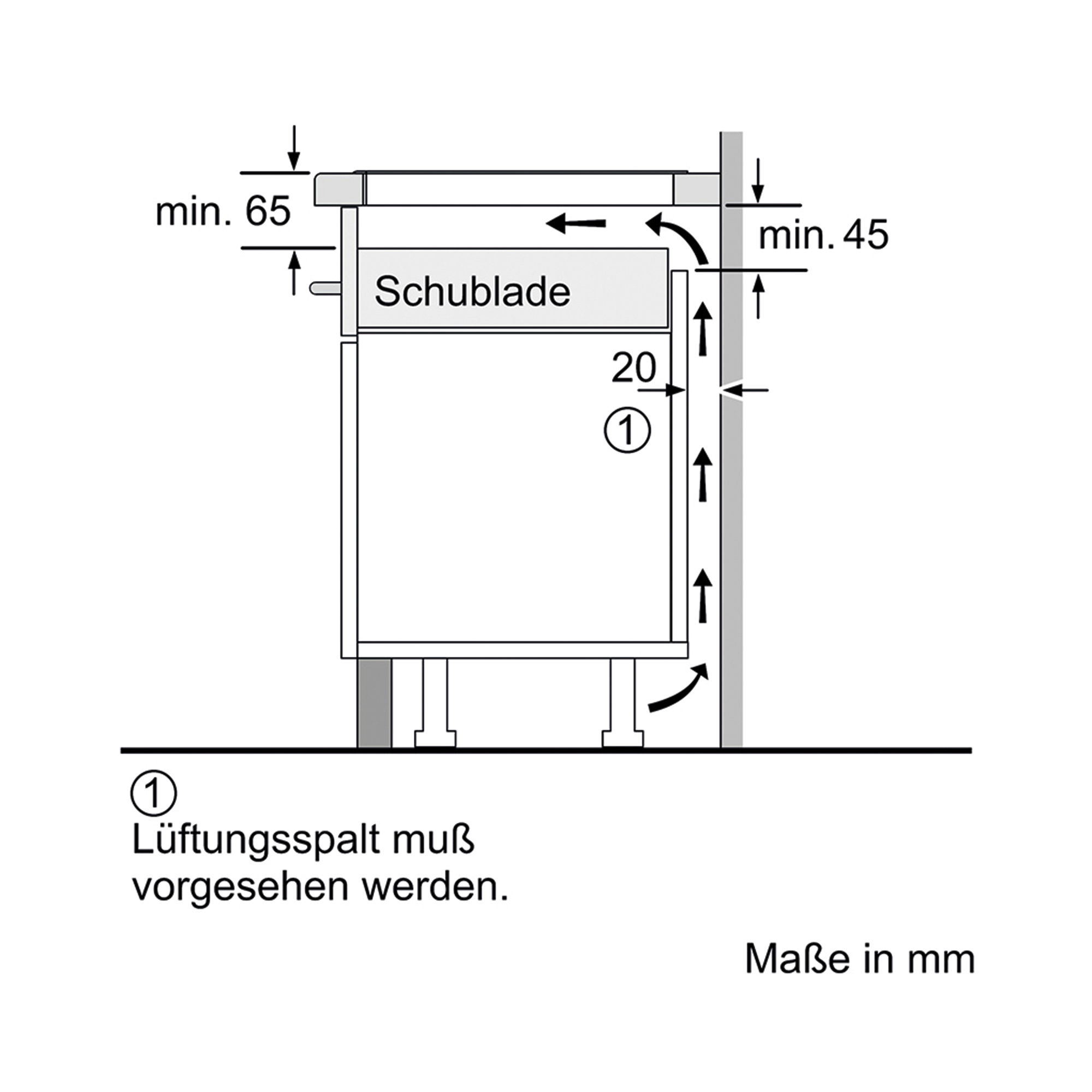 Eine technische Zeichnung einer Schublade und eines Schranks mit Maßen in Millimetern.