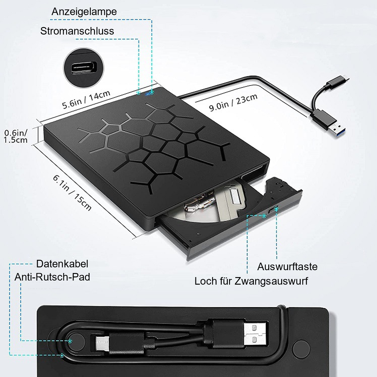 Schwarzes externes CD/DVD-Laufwerk, geöffnet, mit Beschriftung der Abmessungen und einem USB-Kabel, isoliert auf weißem Hintergrund.