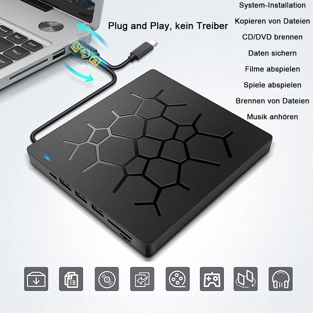 Schwarze externe Festplatte an einem Laptop angeschlossen. Sie hat ein Hexagon-Design. Pfeile zeigen Datenübertragung.