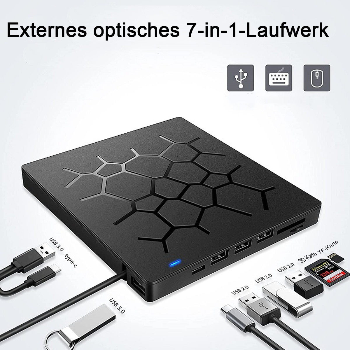 Schwarzer Hub mit verschiedenen USB-Anschlüssen. Mehrere USB-Kabel und ein USB-Stick.