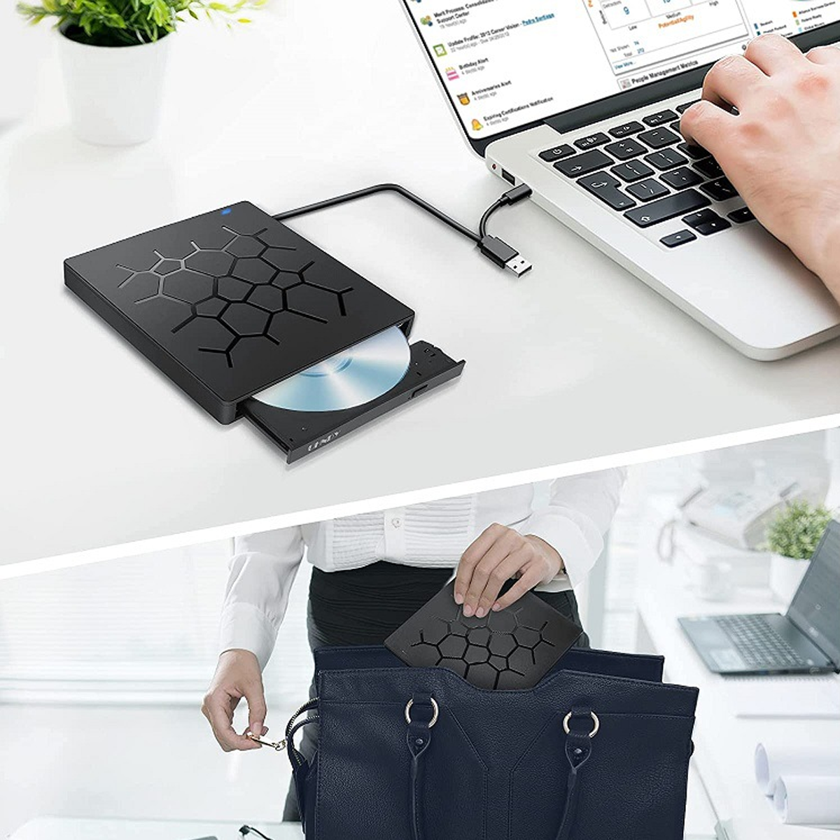 Schwarzes externes DVD-Laufwerk mit eingelegter CD, an einen Laptop angeschlossen. Eine Frau legt es in eine Tasche.