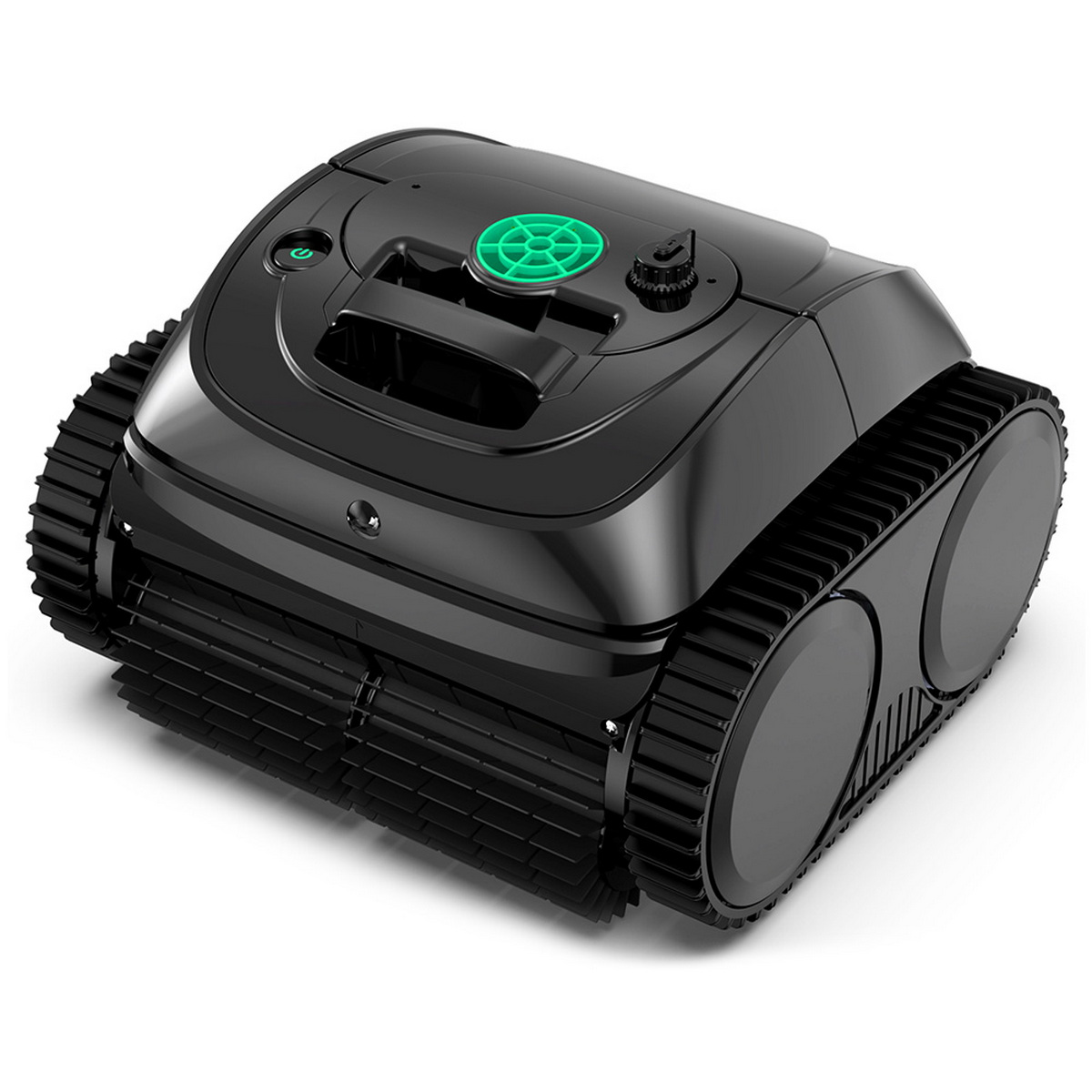 Schwarzer Poolreinigungsroboter mit zwei Ketten und einem grünen Knopf.