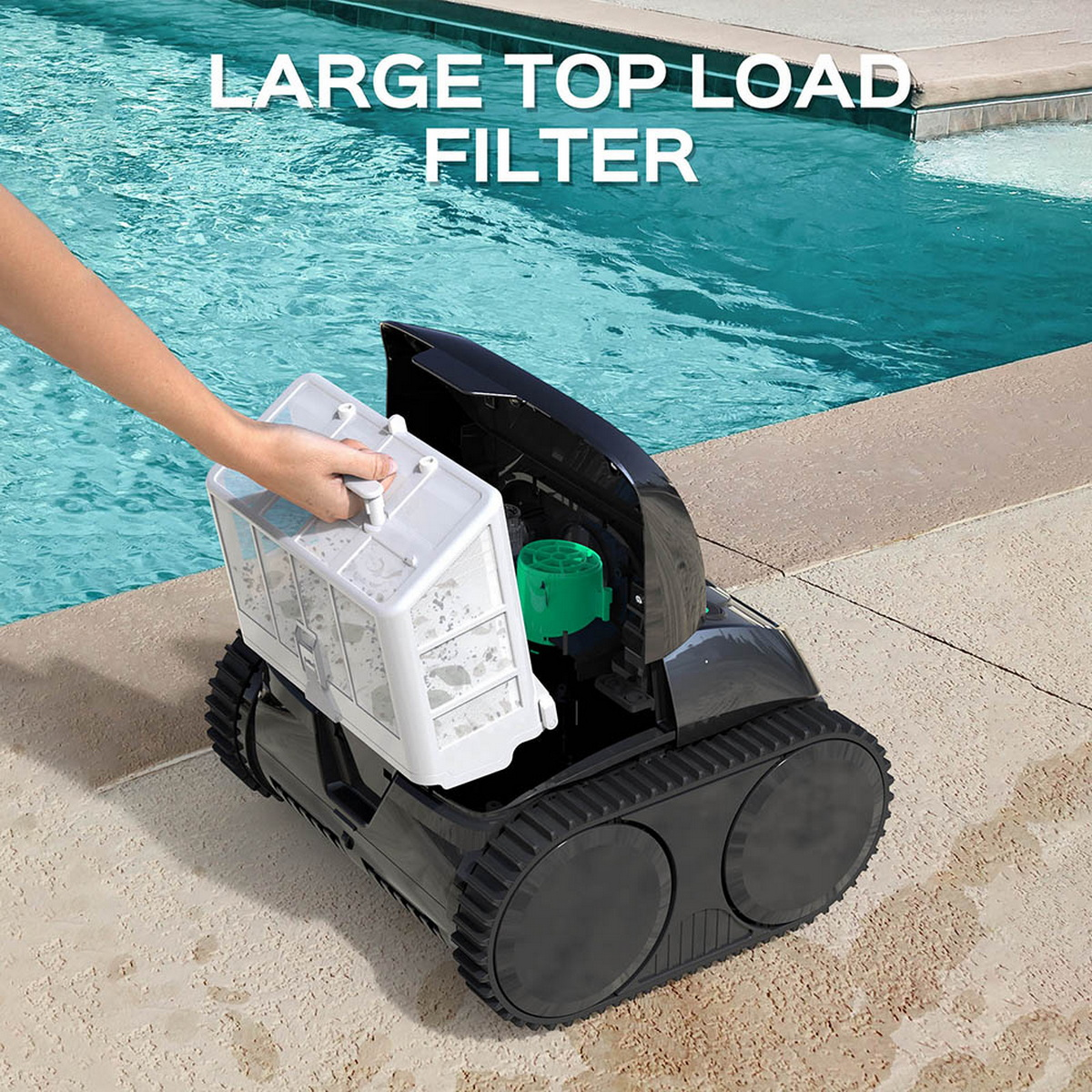 Die Hand einer Person, die einen Filter aus einem schwarzen Poolreiniger in einem Pool entfernt.
