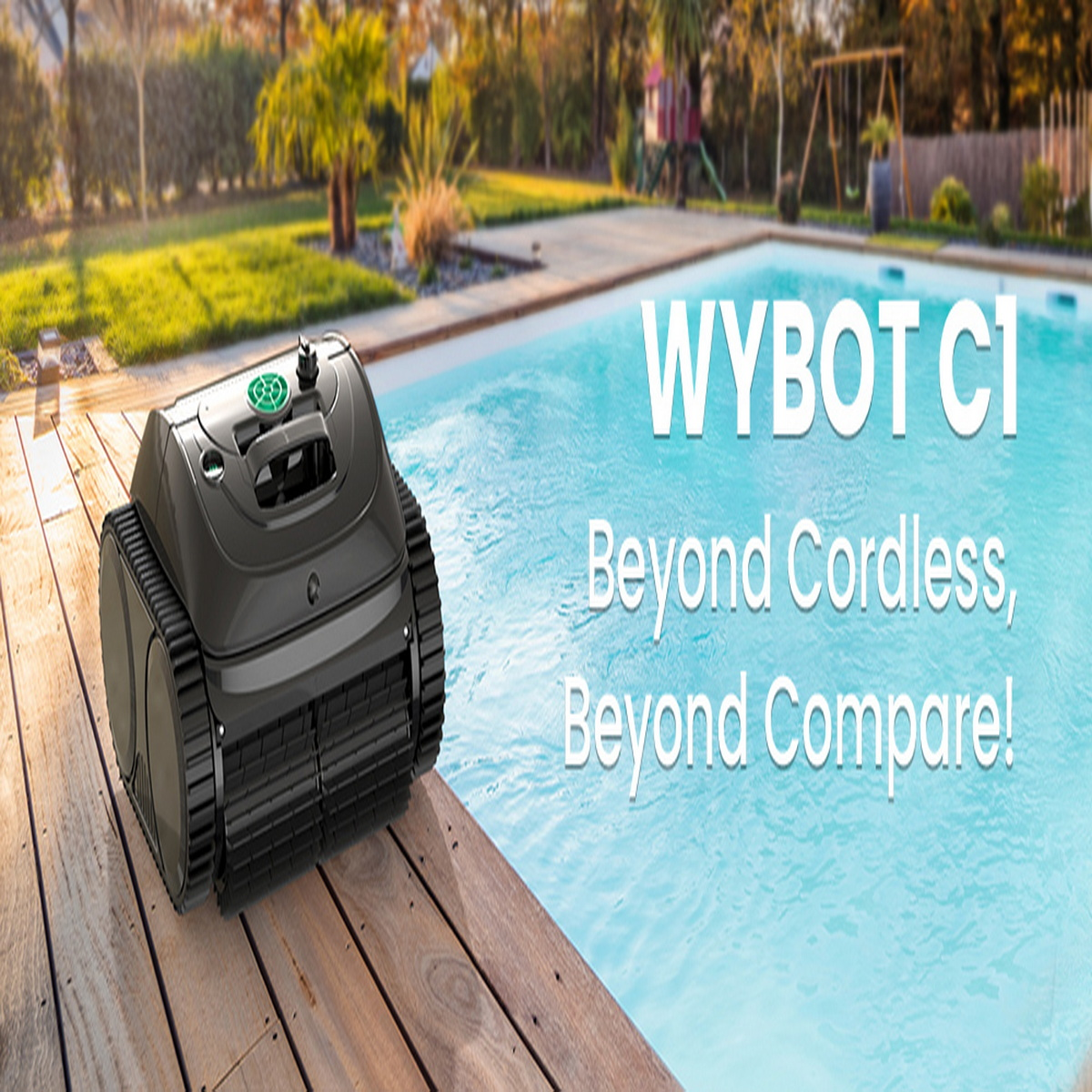 Ein Poolroboter auf einem Holzdeck neben einem Pool. Text lautet 'WYBOT C1 Beyond Cordless'.