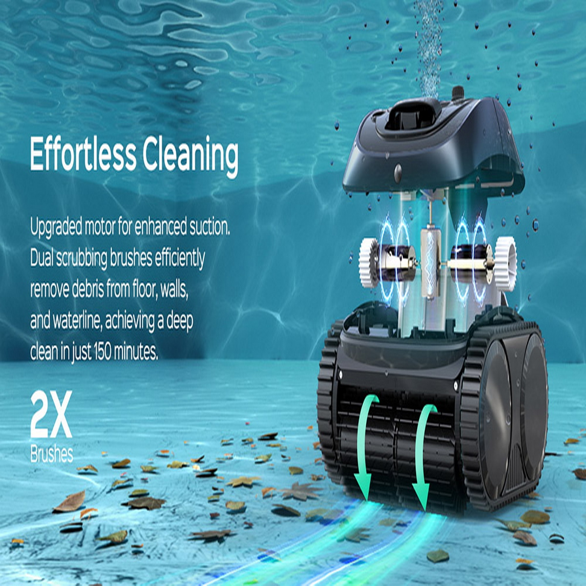 Ein Roboter-Staubsauger reinigt unter Wasser in einer blauen Umgebung mit Ablagerungen.