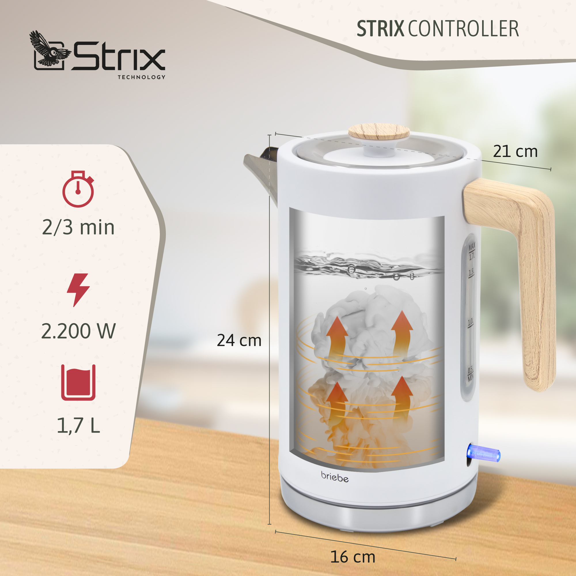 Hervidor eléctrico blanco con asa de madera. Agua con flechas de calentamiento. Datos: 2/3 min, 2.200 W, 1,7 L.