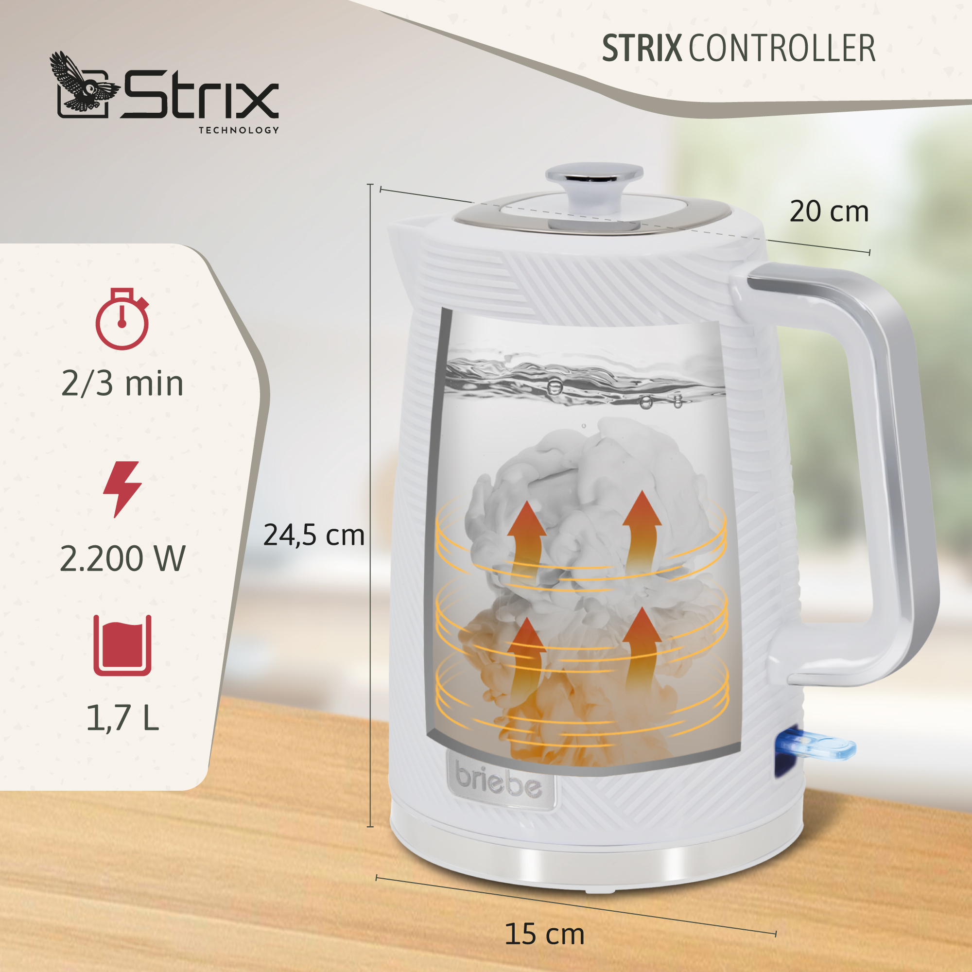 Hervidor eléctrico blanco que muestra agua y elementos calefactores, con medidas y dimensiones.