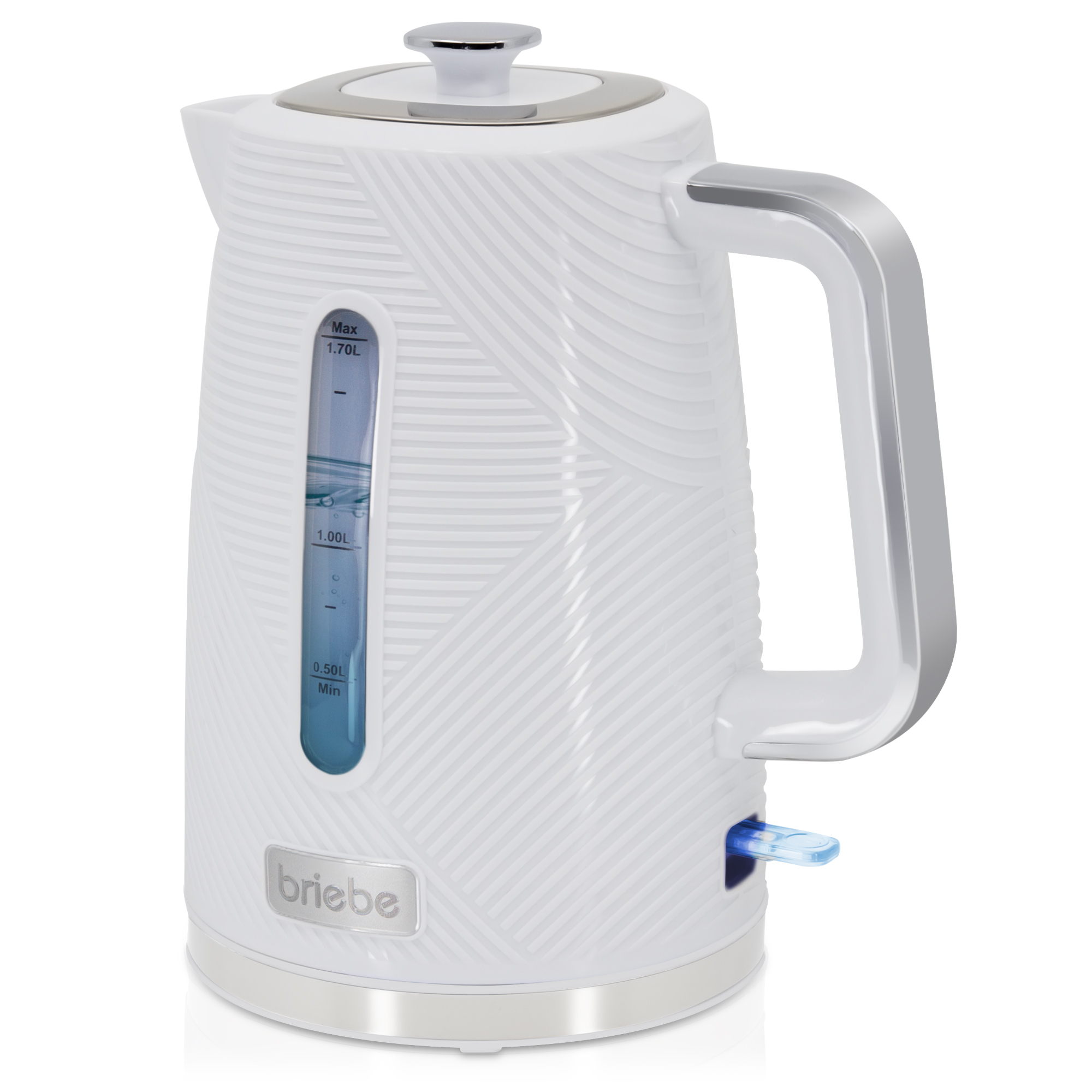 Hervidor blanco con indicador de nivel de agua azul, asa y detalles plateados, sobre superficie blanca.