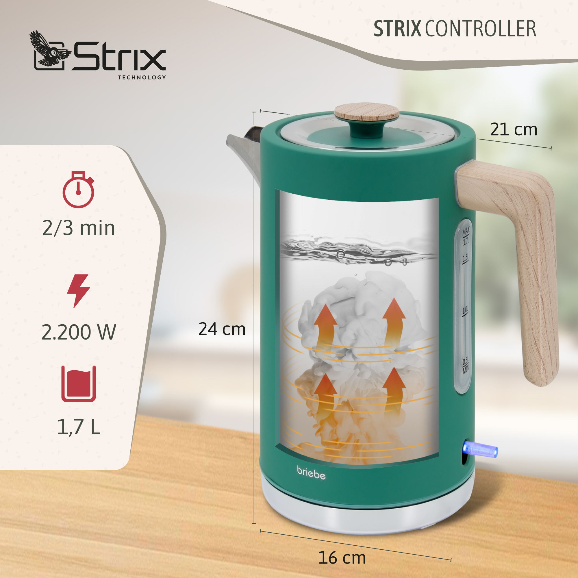 Hervidor verde con niveles de agua, dimensiones y especificaciones. Tecnología Strix. Marca Briebe.