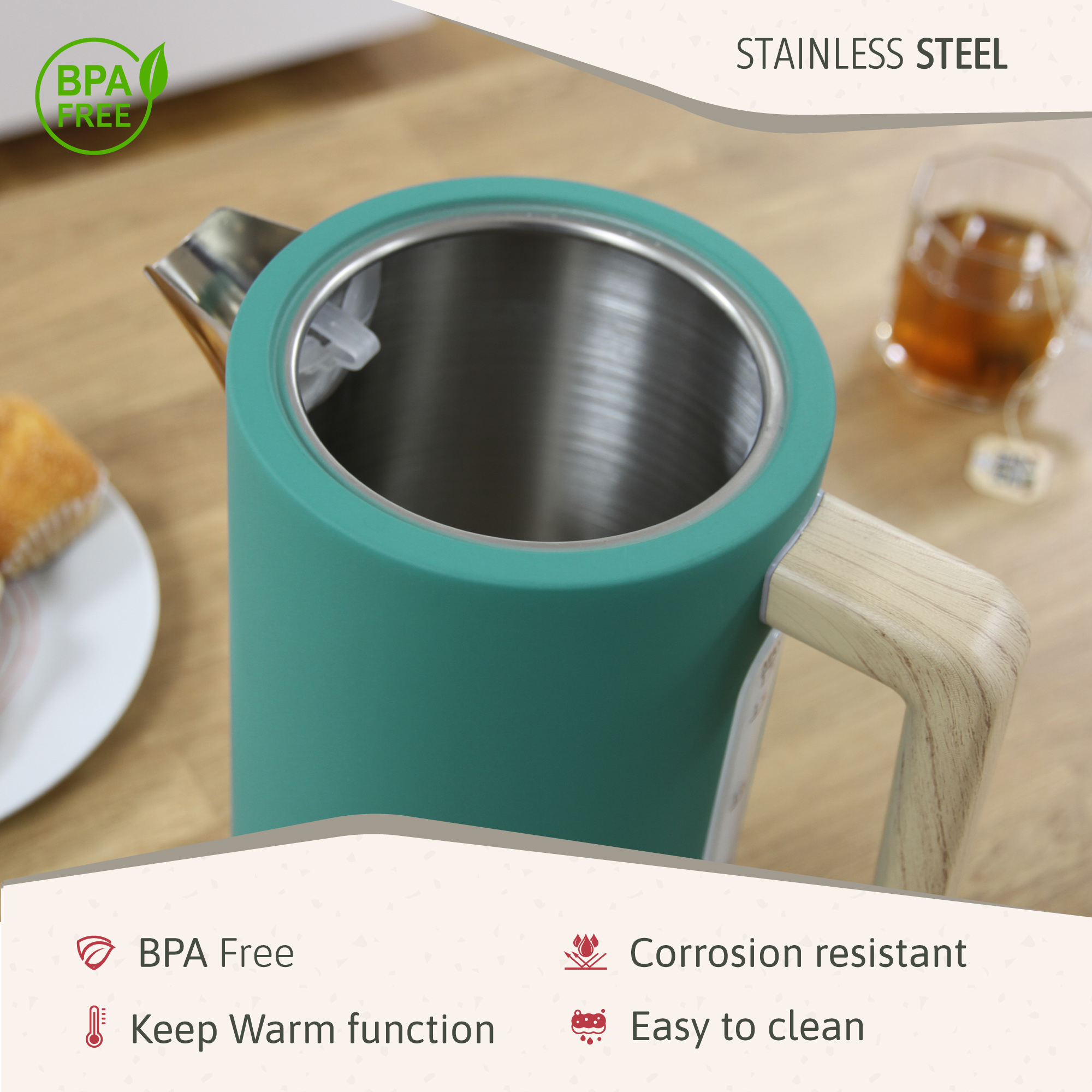 Tetera turquesa con mango de madera. Sin BPA, resistente a la corrosión, función mantener caliente y fácil de limpiar.