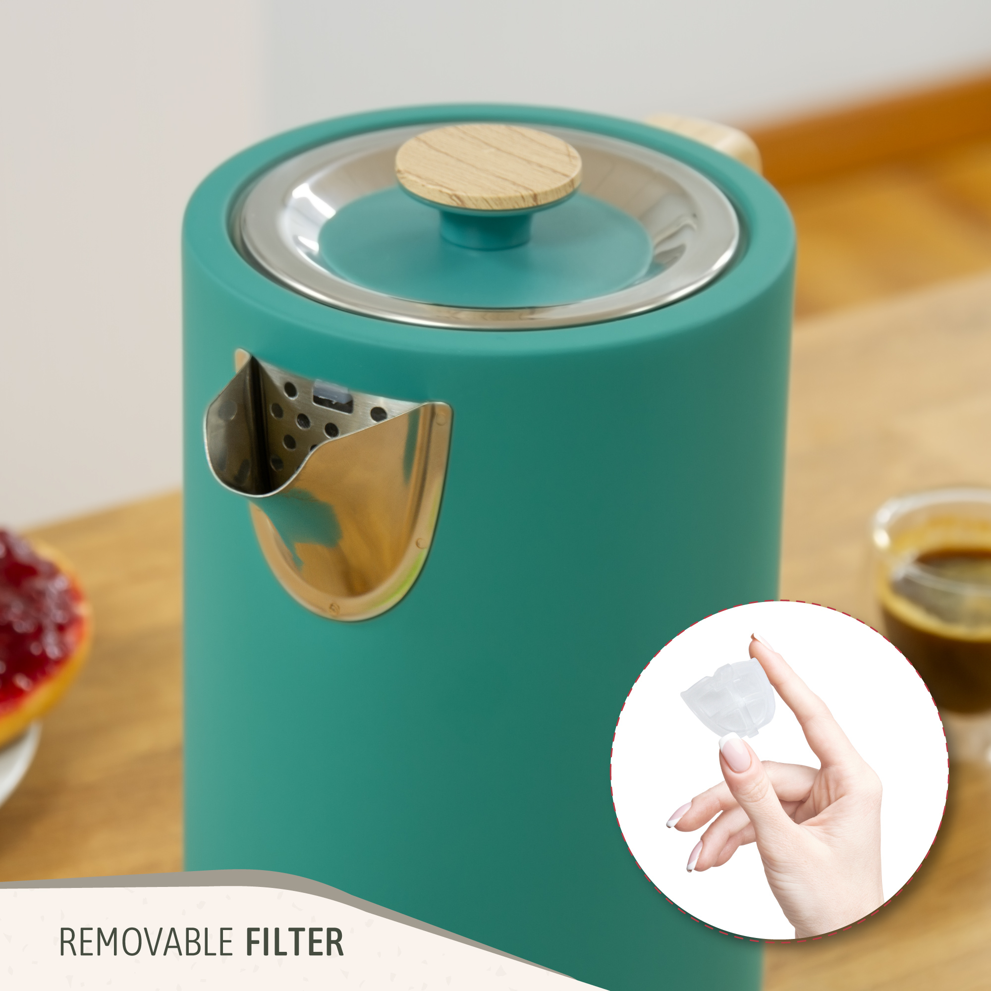 Un recipiente de color turquesa con un pico plateado y una tapa de madera, que contiene hielo.