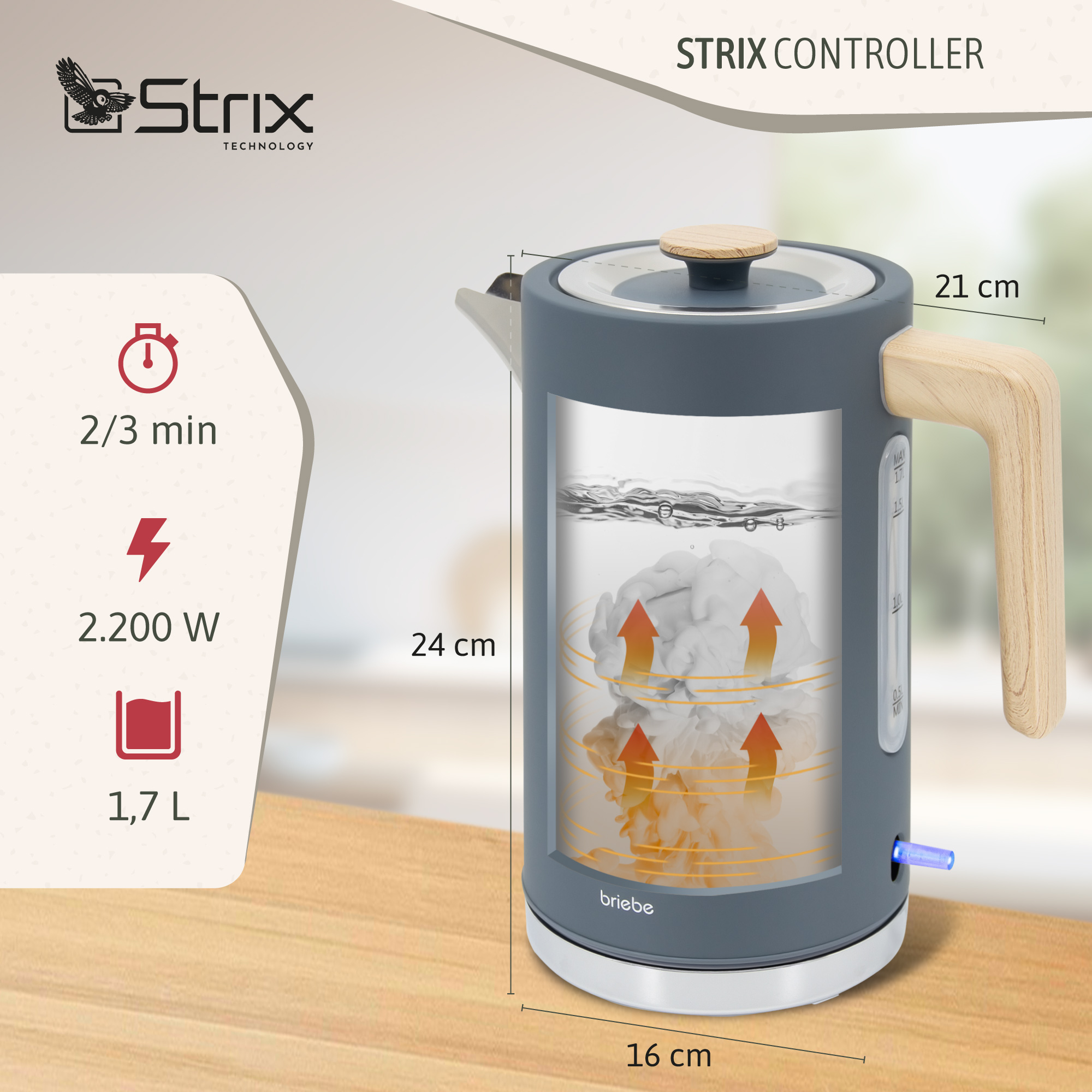 Hervidor eléctrico gris con asa de madera, dimensiones. Indicador de nivel de agua claro.