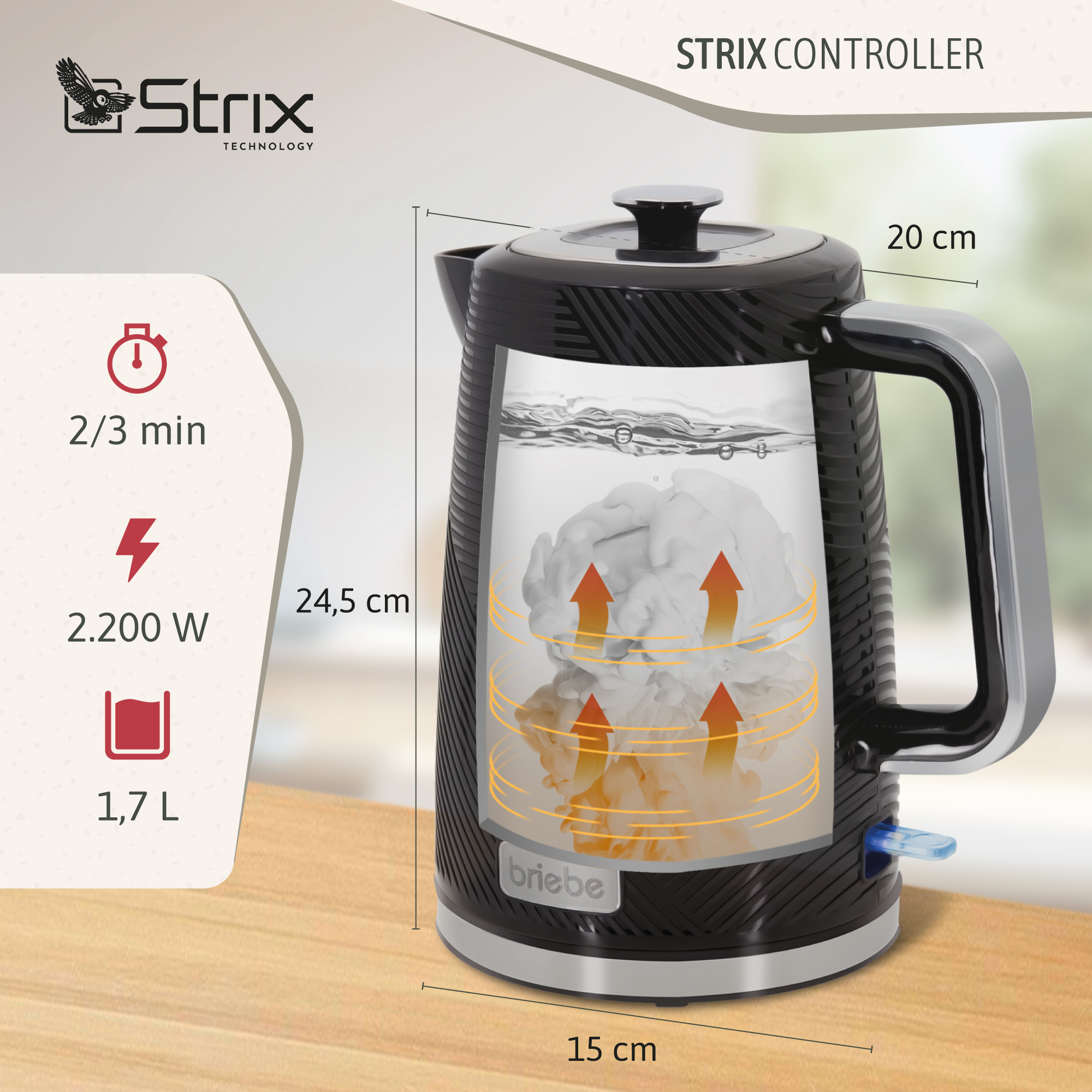 Hervidor negro. Agua hirviendo dentro. Medidas e información del controlador Strix a la izquierda.