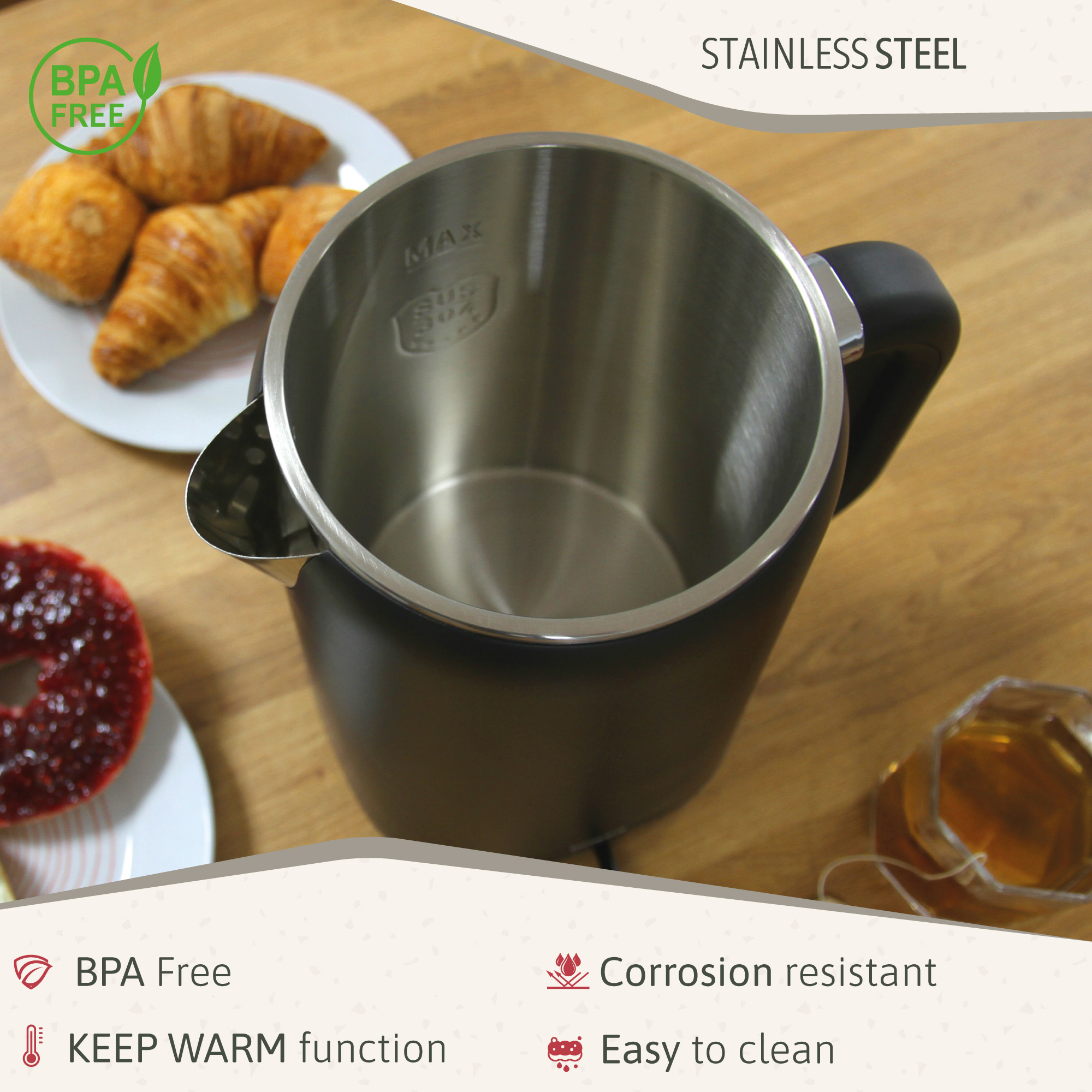 Schwarzer Wasserkocher mit Edelstahl-Innenraum, BPA-frei und andere Symbole.