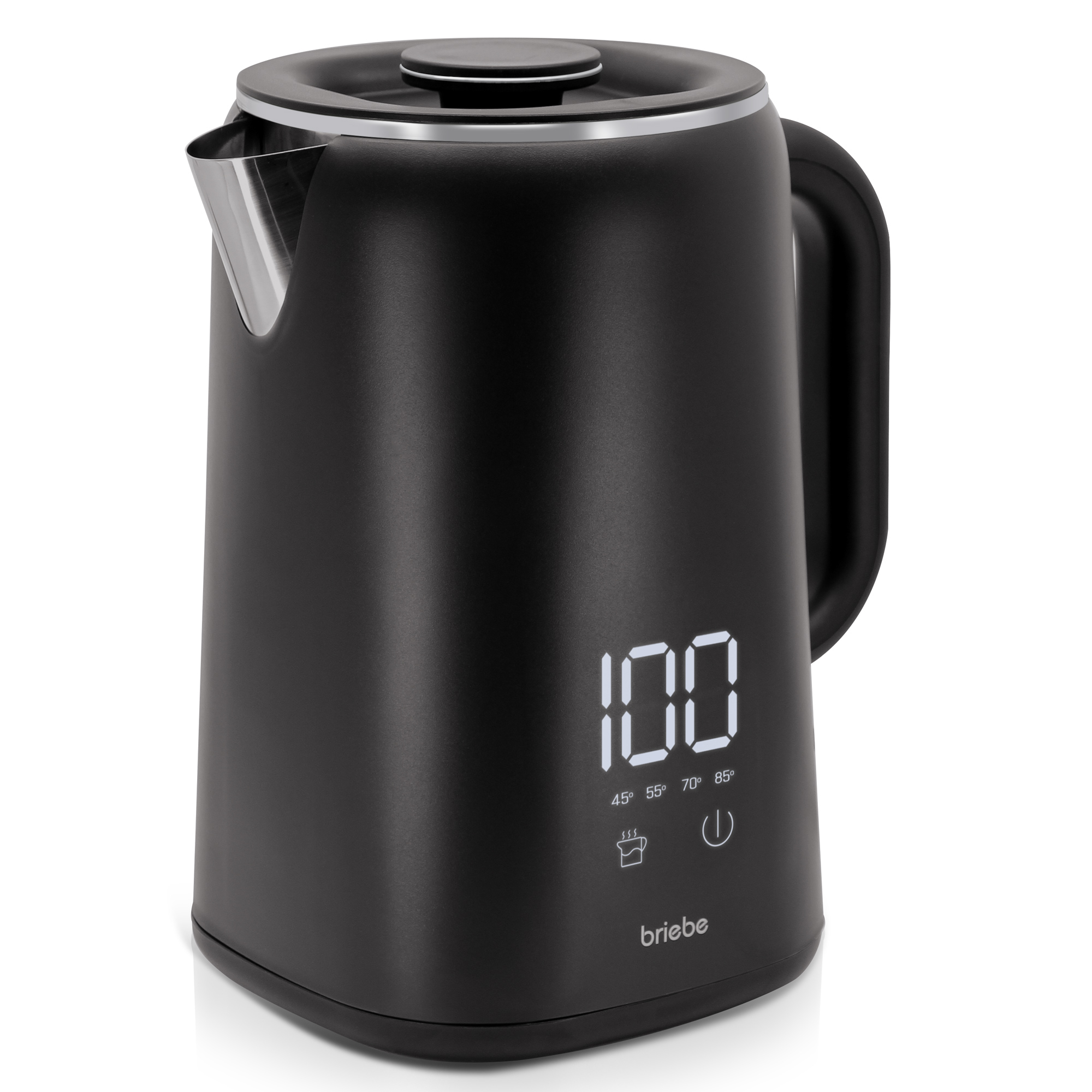Schwarzer Wasserkocher mit Digitalanzeige, die 100 Grad Celsius anzeigt.