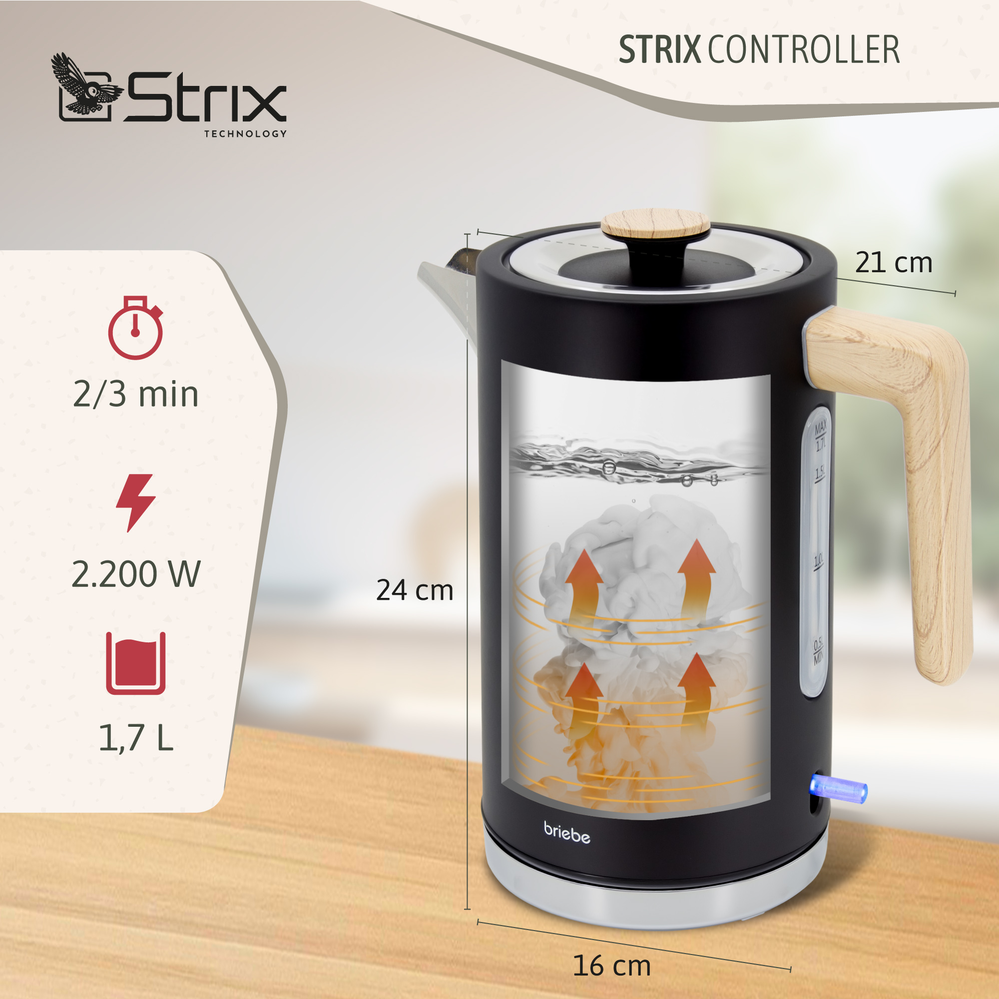 Hervidor eléctrico negro con asa de madera, dimensiones, agua con flechas y texto.