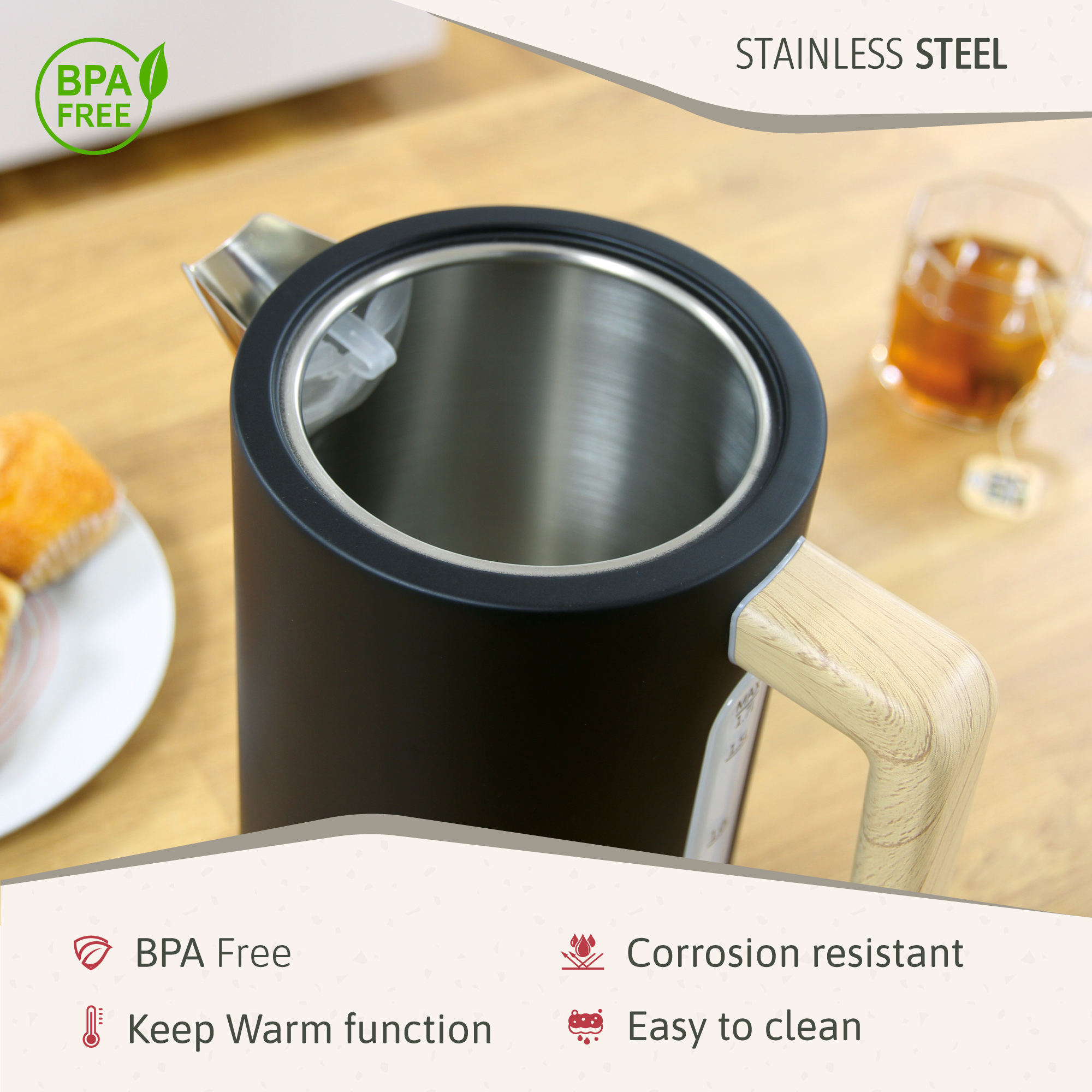 Hervidor negro con mango de madera. Texto: Acero inoxidable. Sin BPA.