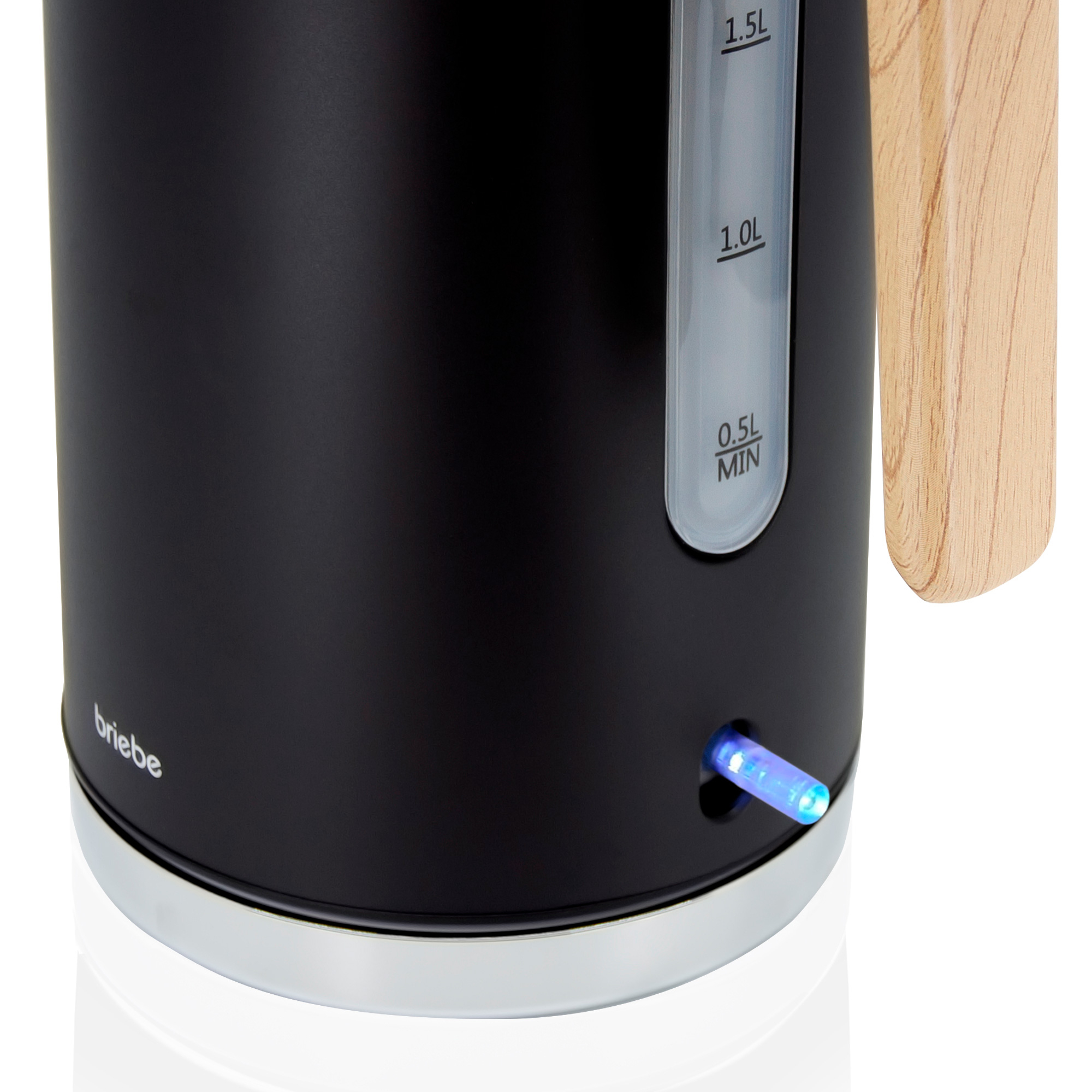 Hervidor eléctrico negro con asa de madera, luz azul en la base e indicadores de nivel de agua.
