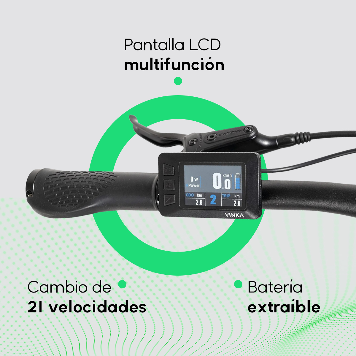 Manubrio con display LCD. Mostra velocità, potenza e informazioni di viaggio. 21 velocità e batteria.
