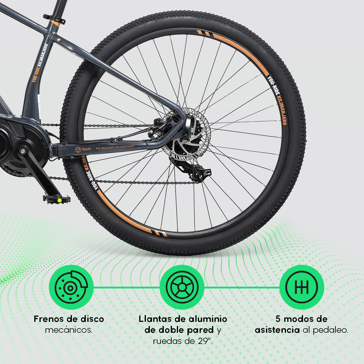 Ruota di bicicletta grigia e nera con testo e icone. La bici è su uno sfondo verde chiaro.