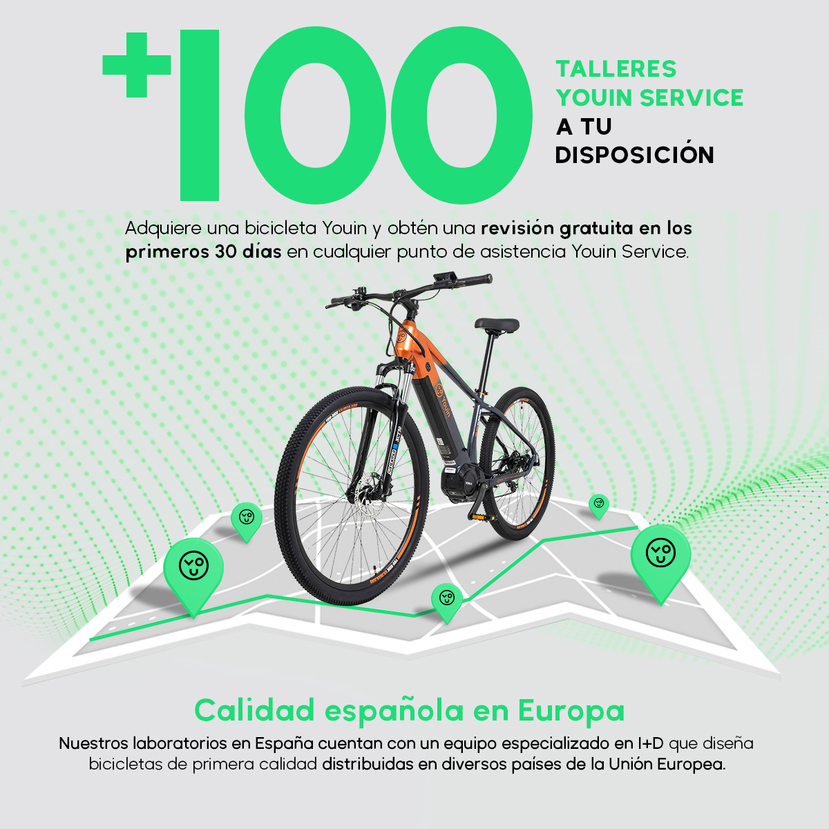 Una bicicletta arancione e nera con mappa e testo.