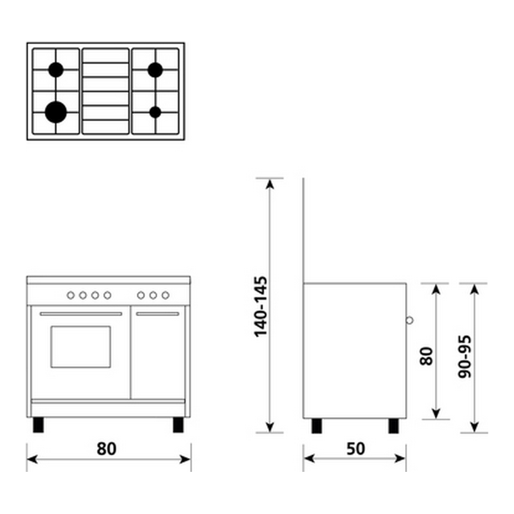 Schema di una cucina con dimensioni in cm. Vista dall'alto, frontale e laterale.
