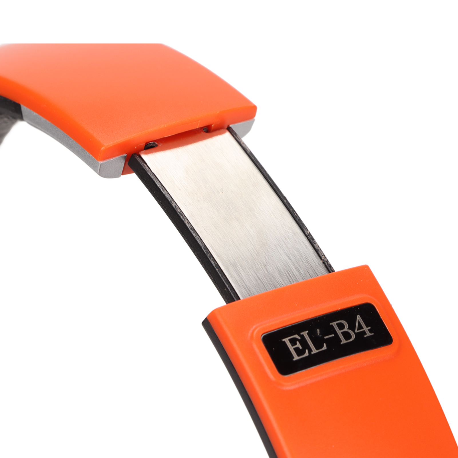 Nahaufnahme eines orangefarbenen Kopfhörerbands mit silbernem Scharnier und schwarzem Text 'EL-B4'.