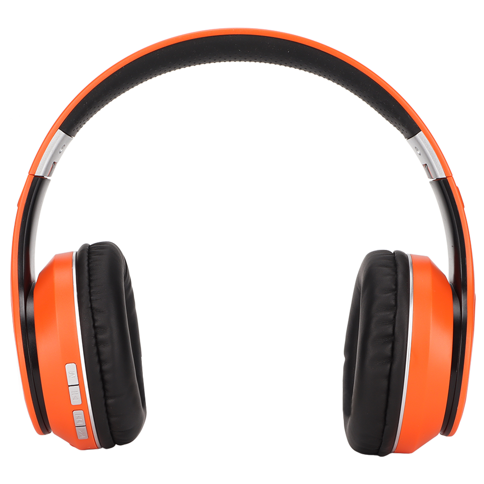 Orange und schwarze Kopfhörer, Over-Ear-Design, mit silbernen Akzenten, weißer Hintergrund.