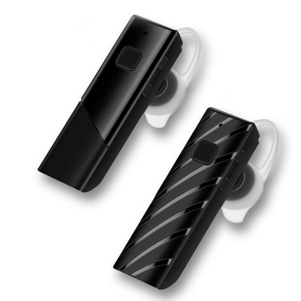Zwei schwarze drahtlose Bluetooth-Headsets. Eines hat diagonale Streifen; das andere hat eine flache Oberfläche.