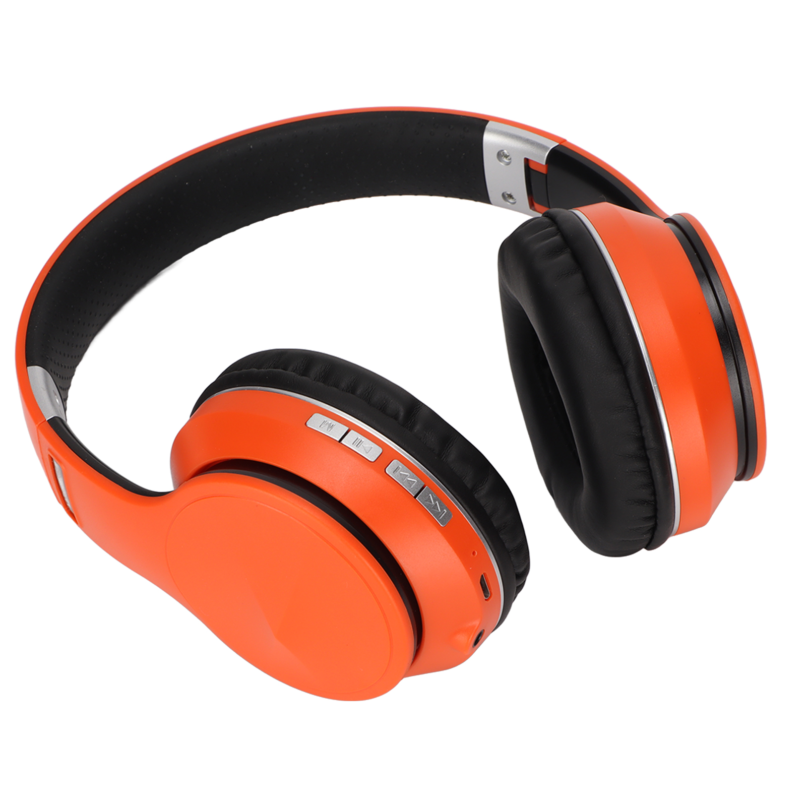 Orange Kopfhörer mit schwarzen Ohrmuscheln. Knöpfe an der Seite und weißer Hintergrund.