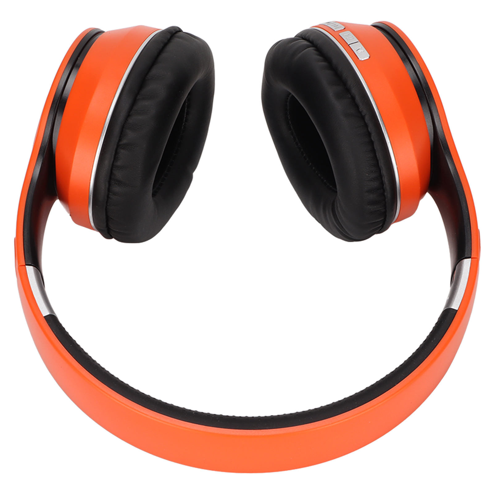 Orange Kopfhörer mit schwarzen Ohrmuscheln und einem silbernen Bügel. Das Design ist kreisförmig und modern.