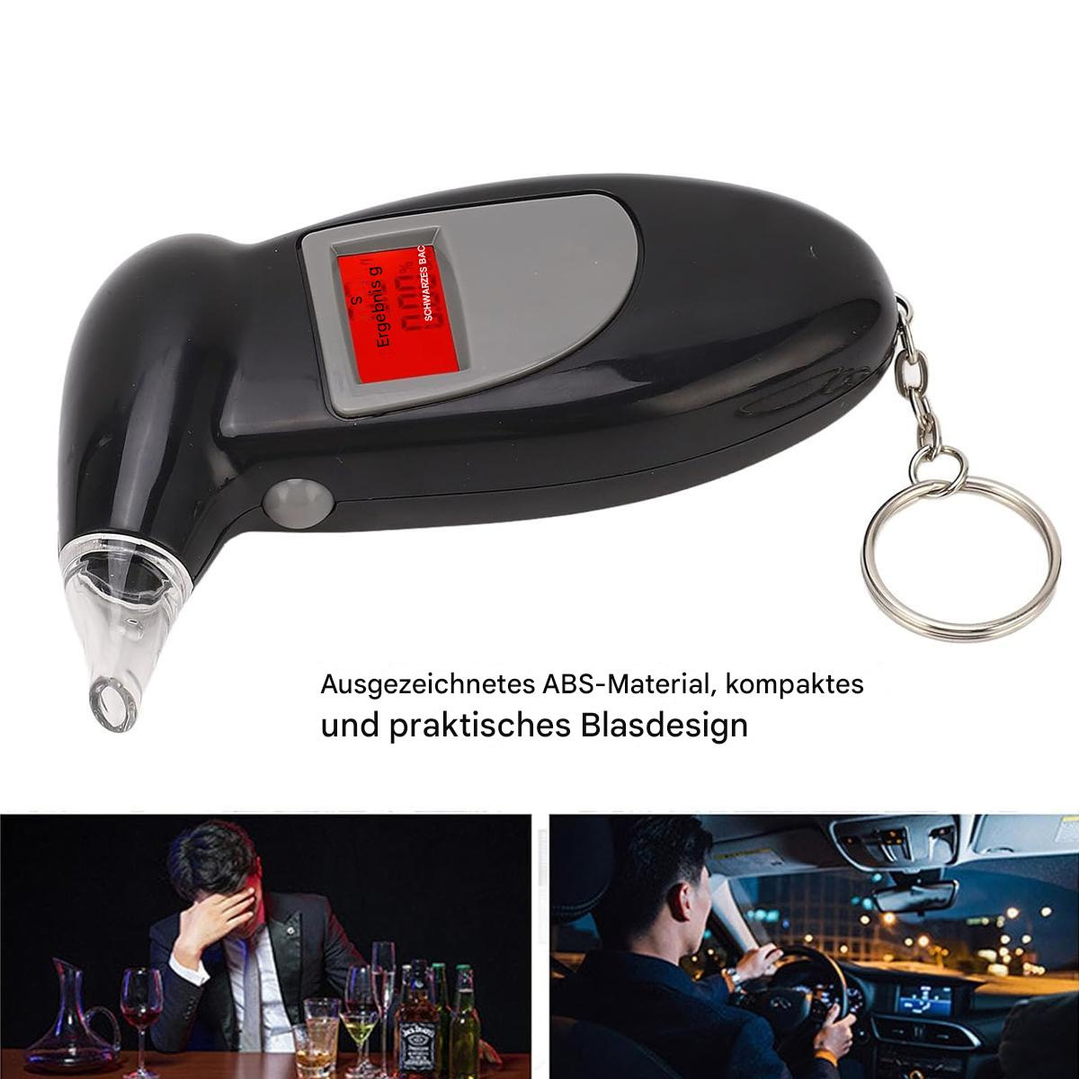 Ein schwarzer Alkoholtester mit einem roten Ergebnis. Er hat ein Mundstück und einen Schlüsselring.