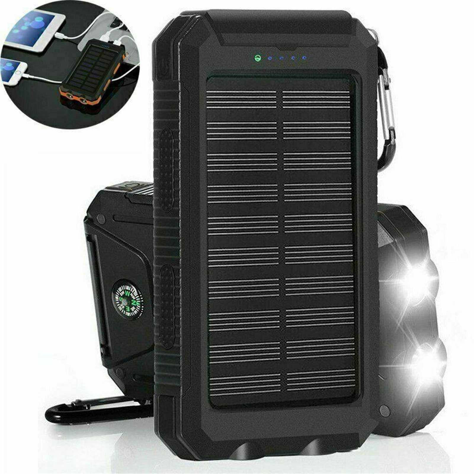 Schwarze Solar-Powerbank mit silbernem Haken und Licht. Einige Geräte werden geladen.