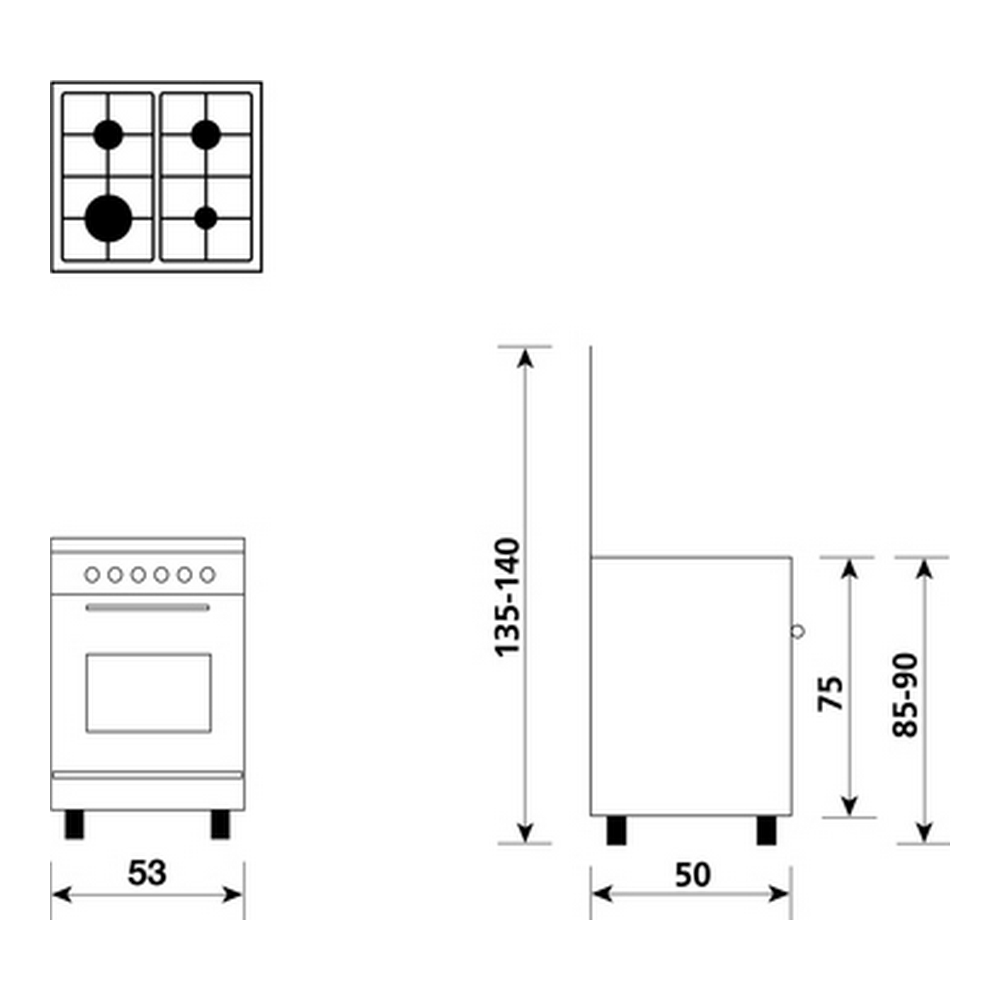 Un disegno che mostra uno schema di elettrodomestici da cucina con dimensioni in centimetri.