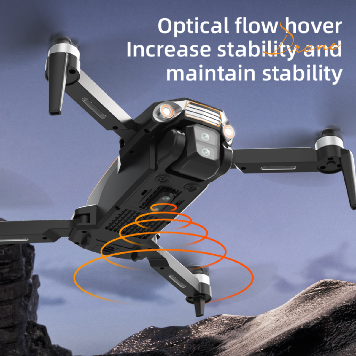 Schwarz-graue Drohne fliegt am Himmel, mit Text über optischen Fluss und Stabilität.