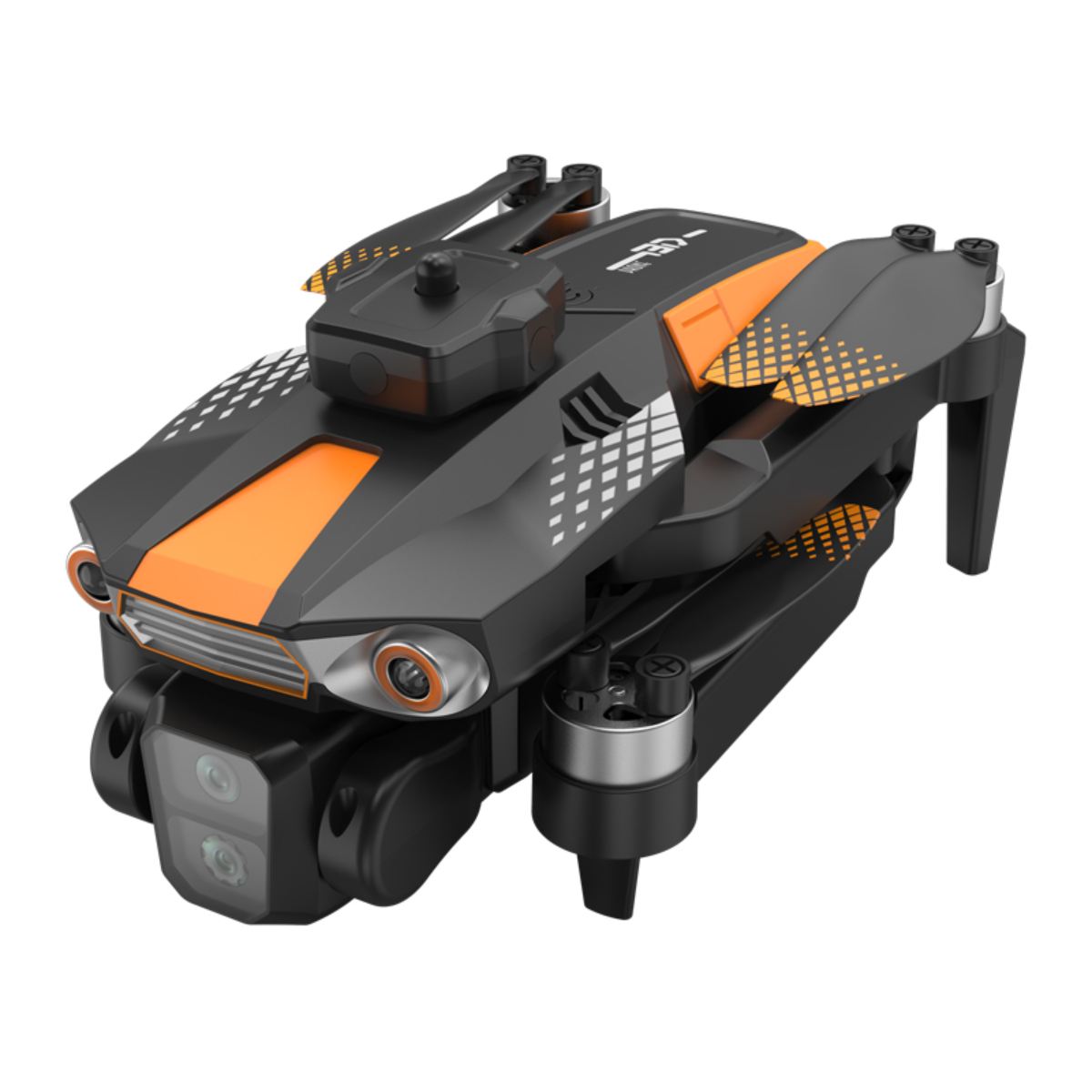 Schwarz-orange Drohne, schräge Ansicht. Es hat eine Kamera und Propeller. Weißer Hintergrund.