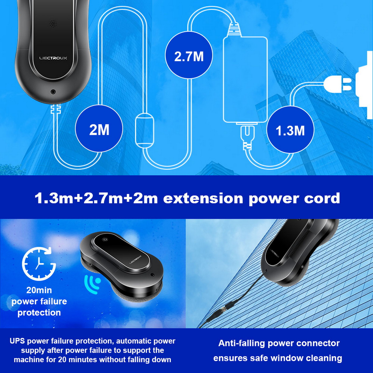 Robot do czyszczenia okien i akcesoria. Tekst: Przewód zasilający, ochrona przed zanikiem zasilania i więcej.