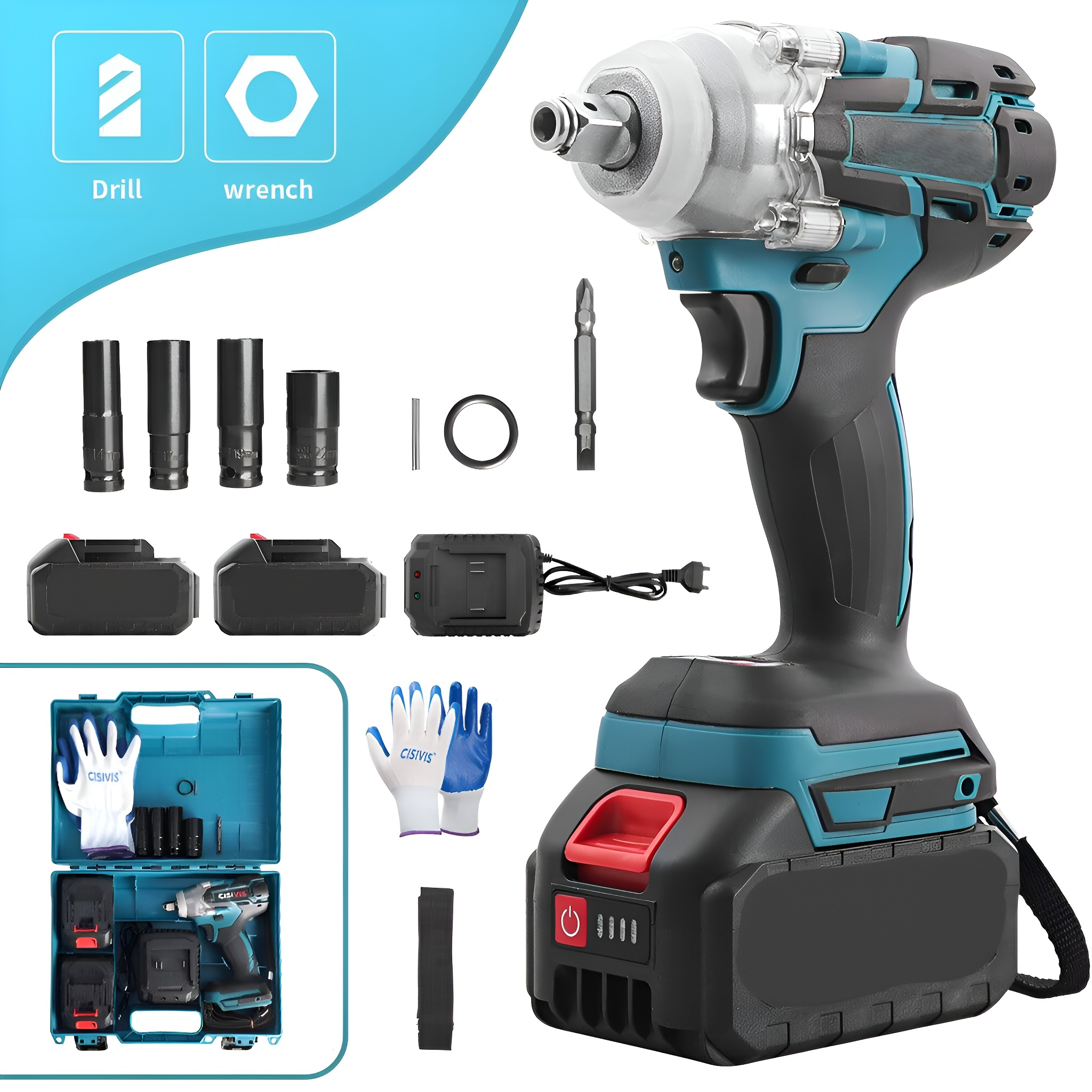 Ein Elektrobohrer mit Zubehör. Ein Werkzeugkasten mit Batterien und Handschuhen sind im Bild.