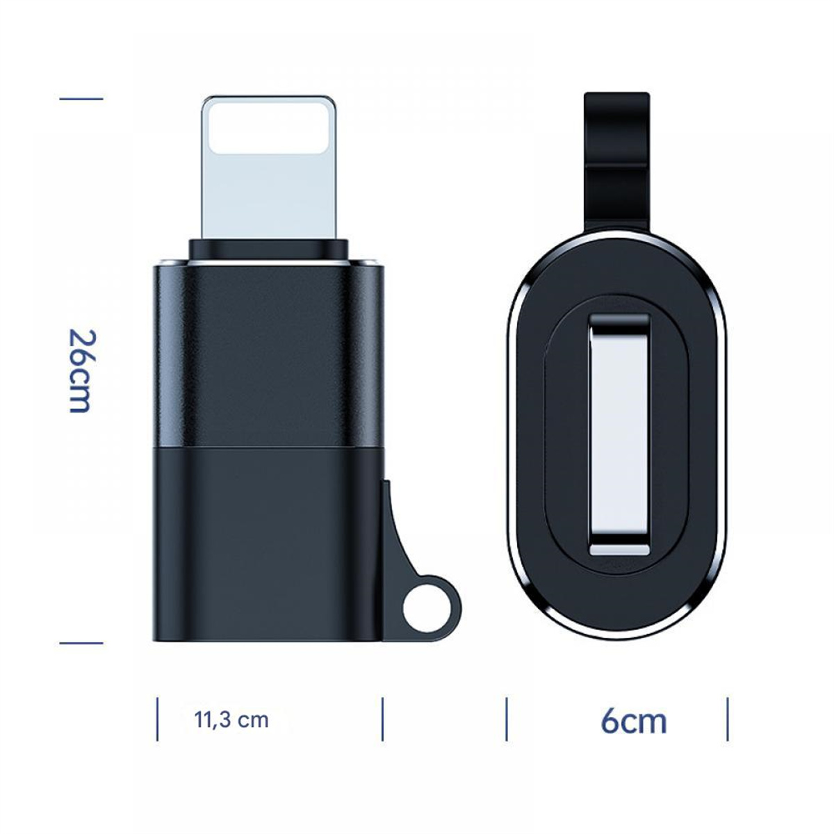 Zwei schwarze USB-C-zu-Lightning-Adapter. Einmal Seitenansicht mit Maßen, einmal Draufsicht.