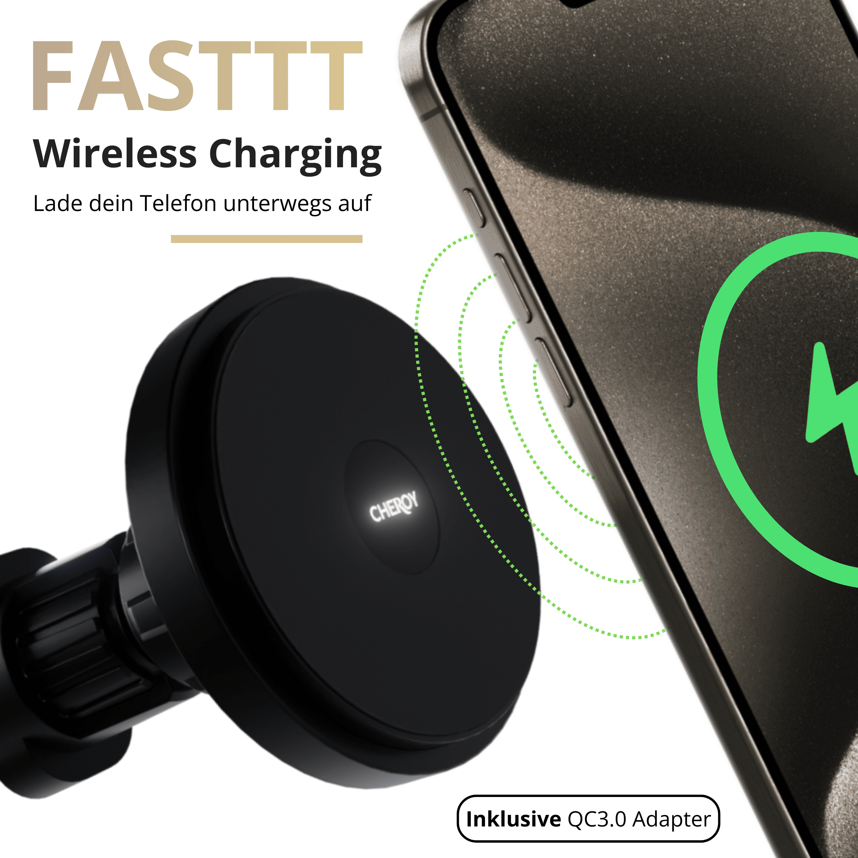 Kabelloses Ladegerät mit Telefon. Schwarzes Ladegerät mit Telefon, Ladesymbol sichtbar.