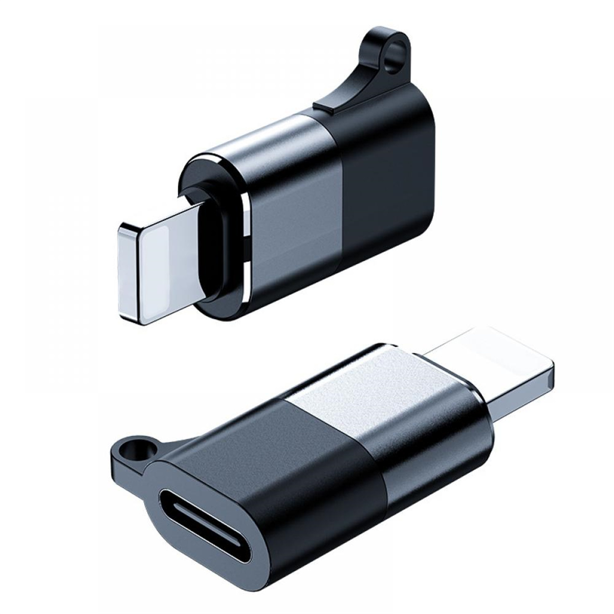 Zwei schwarze und silberne Adapter: ein Lightning-auf-USB-C und ein USB-C-auf-USB-C, auf Weiß.