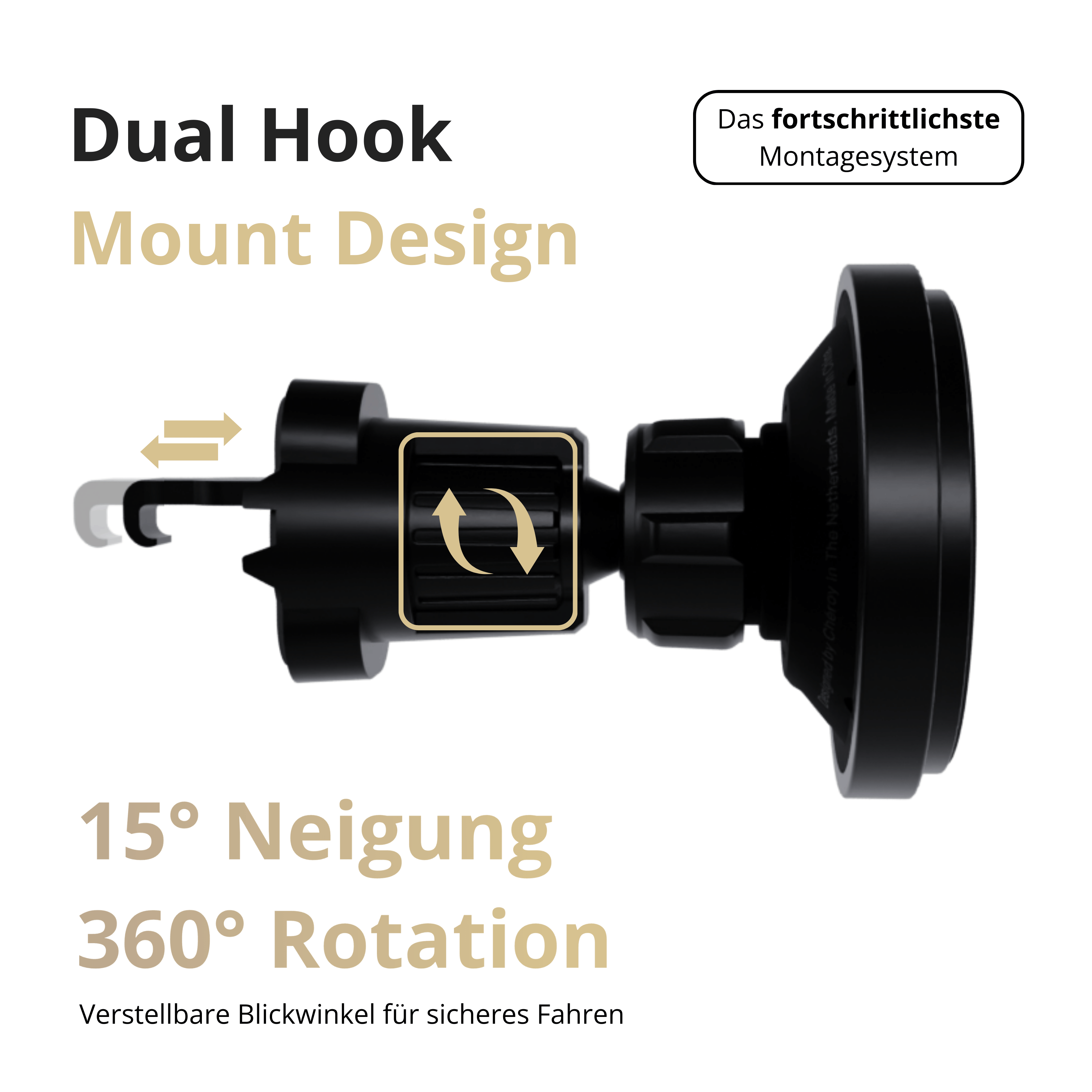 Schwarze Autotelefonhalterung mit Haken-Design, mit 15 Grad Neigung und 360 Grad Drehung.