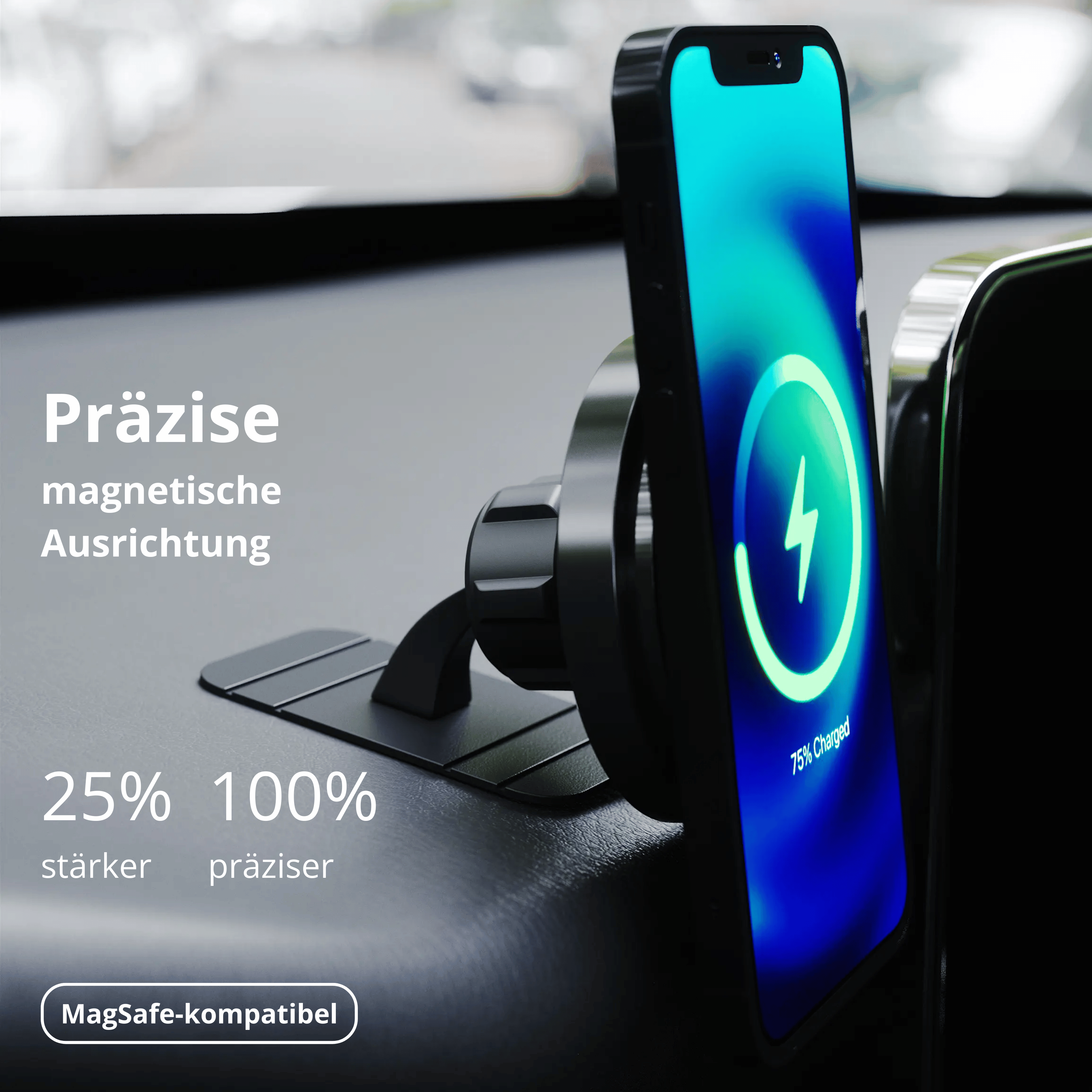 Schwarze Autotelefonhalterung mit angeschlossenem Telefon, das lädt. Text zeigt präzise, magnetische Ausrichtung.
